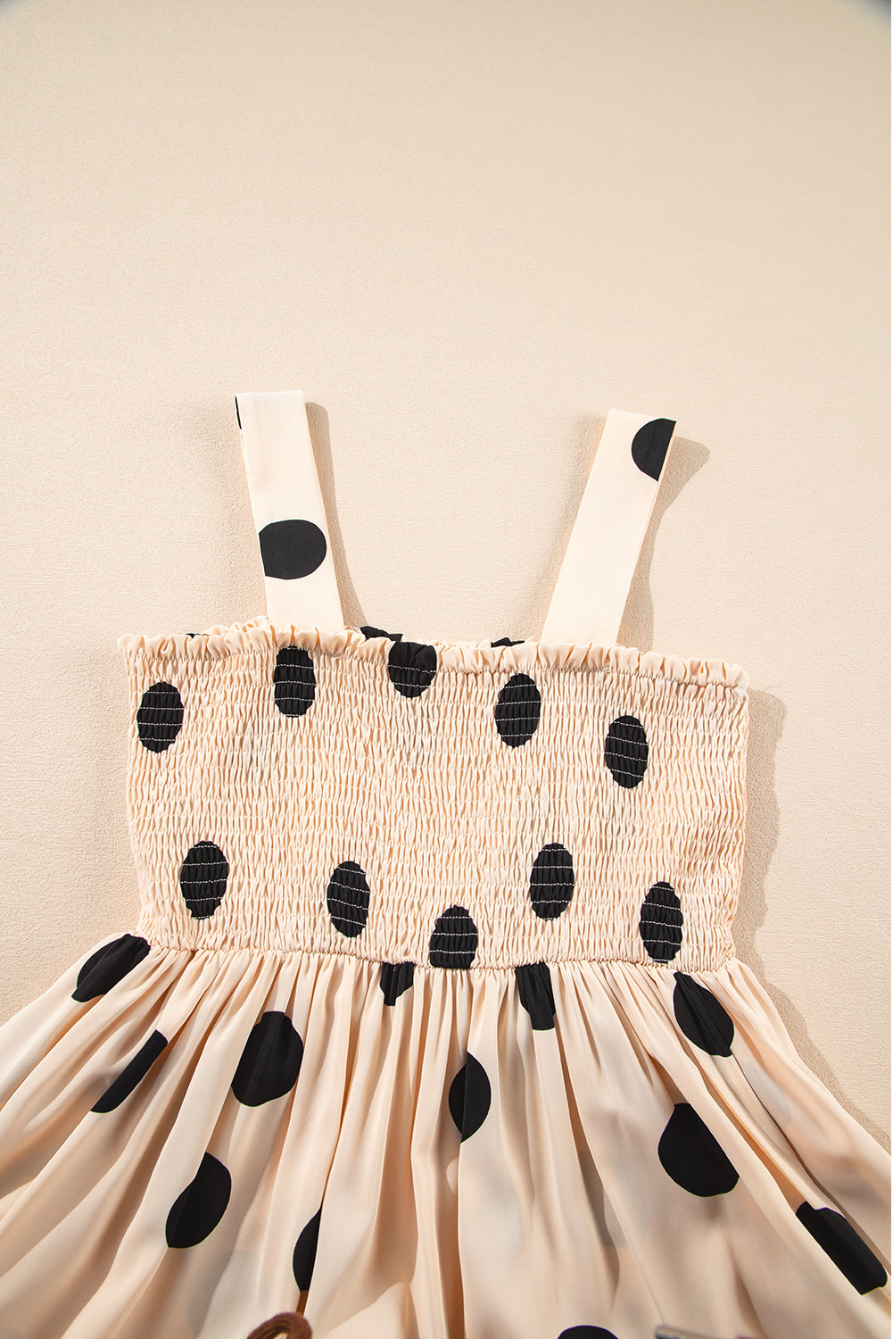 Oatmeal Polka Dot Smocked Fit Flared Sleeveless Long Dress eAura