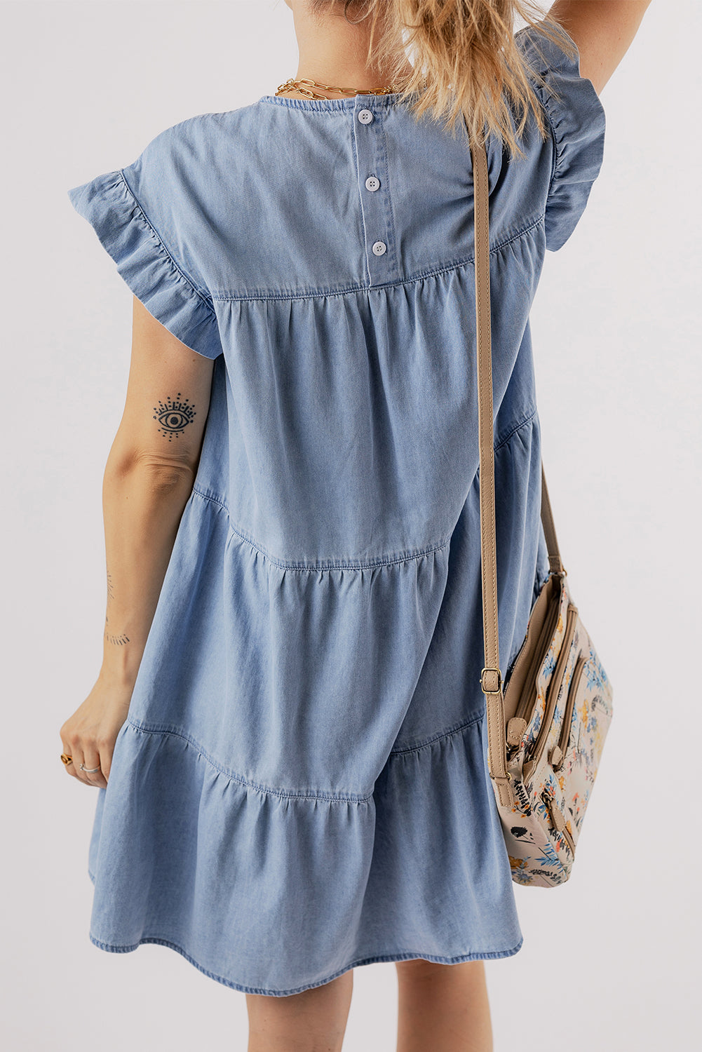 Beau Blue Ruffle Short Sleeve Tiered A-line Denim Dress BB Fashion Outlet