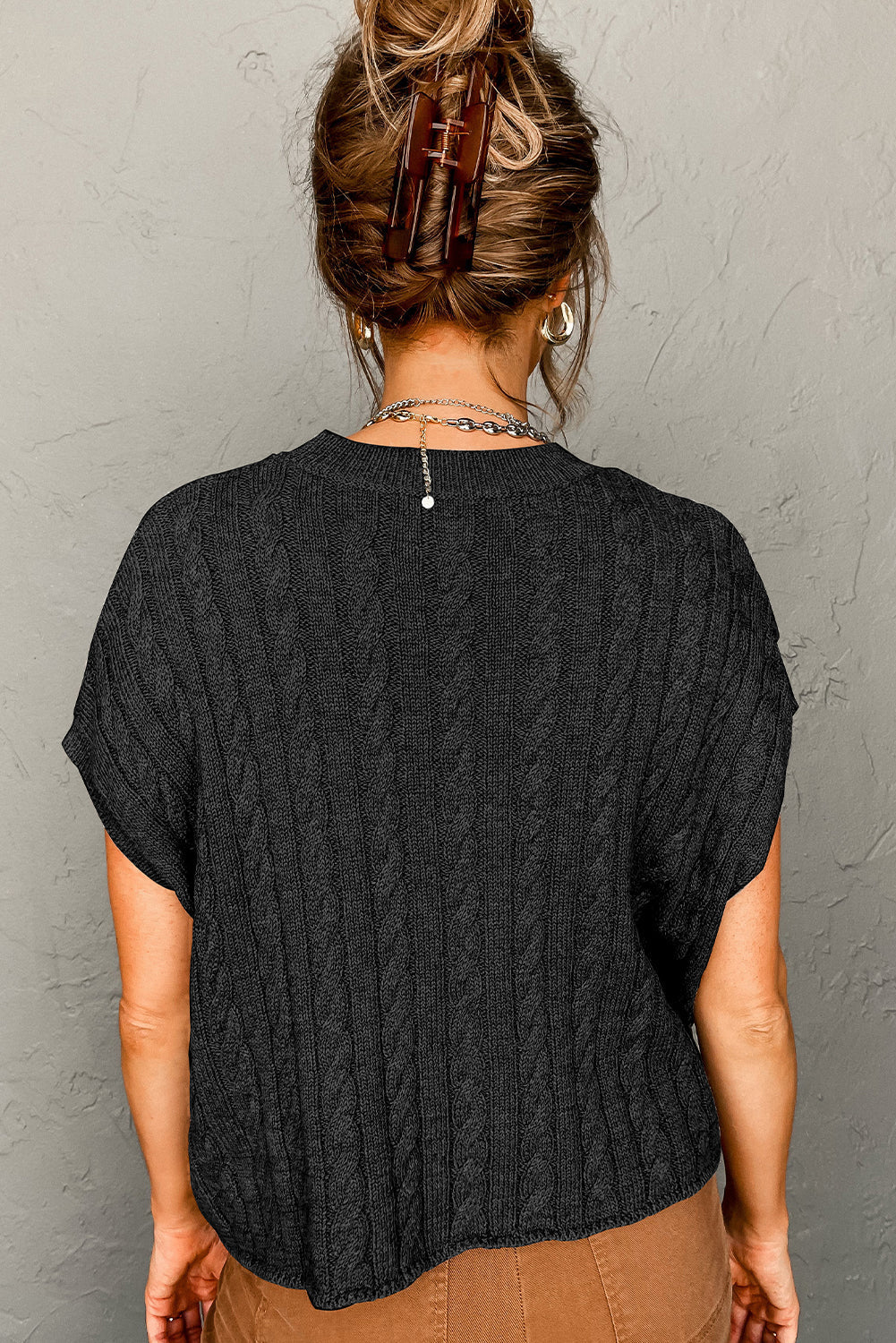 Chestnut Crew Neck Cable Knit Short Sleeve Sweater eAura