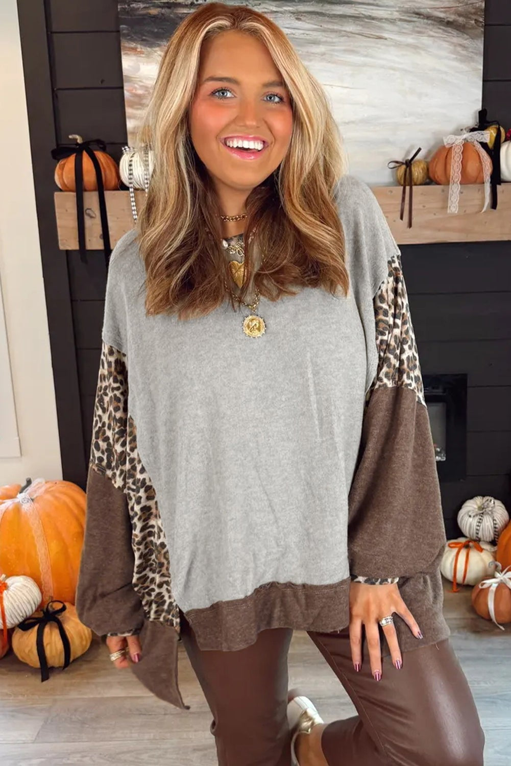 Colour Block Leopard Patchwork Dolman Sleeve High Low Baggy Sweatshirt - Tops/Sweatshirts & Hoodies