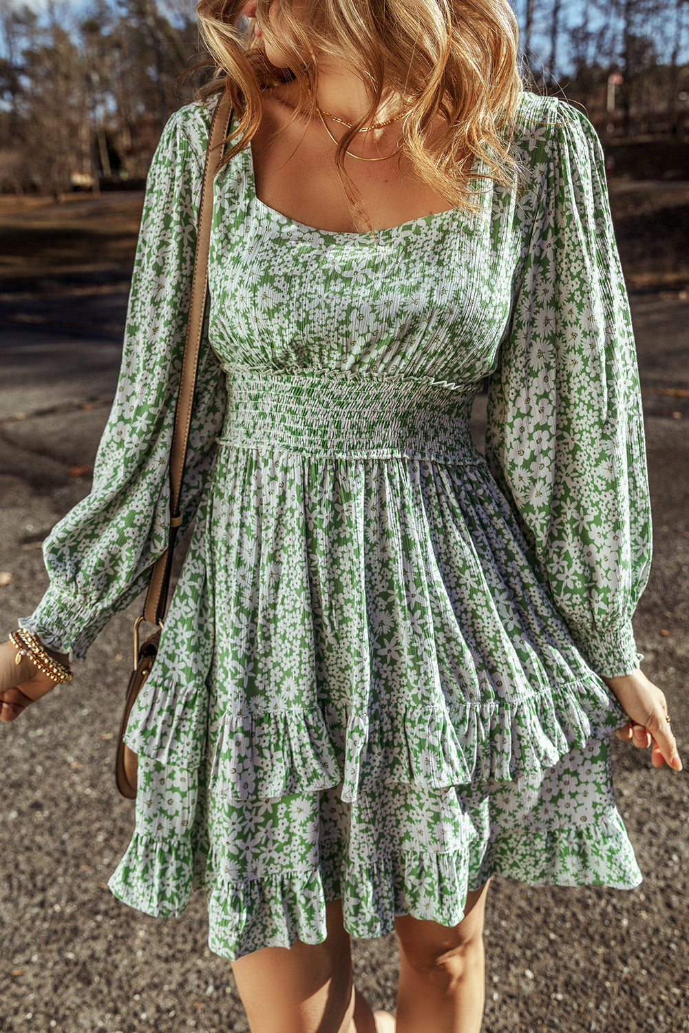 Green Floral Print Square Neck Shirred Waist Tiered Ruffled Mini Dress eAura