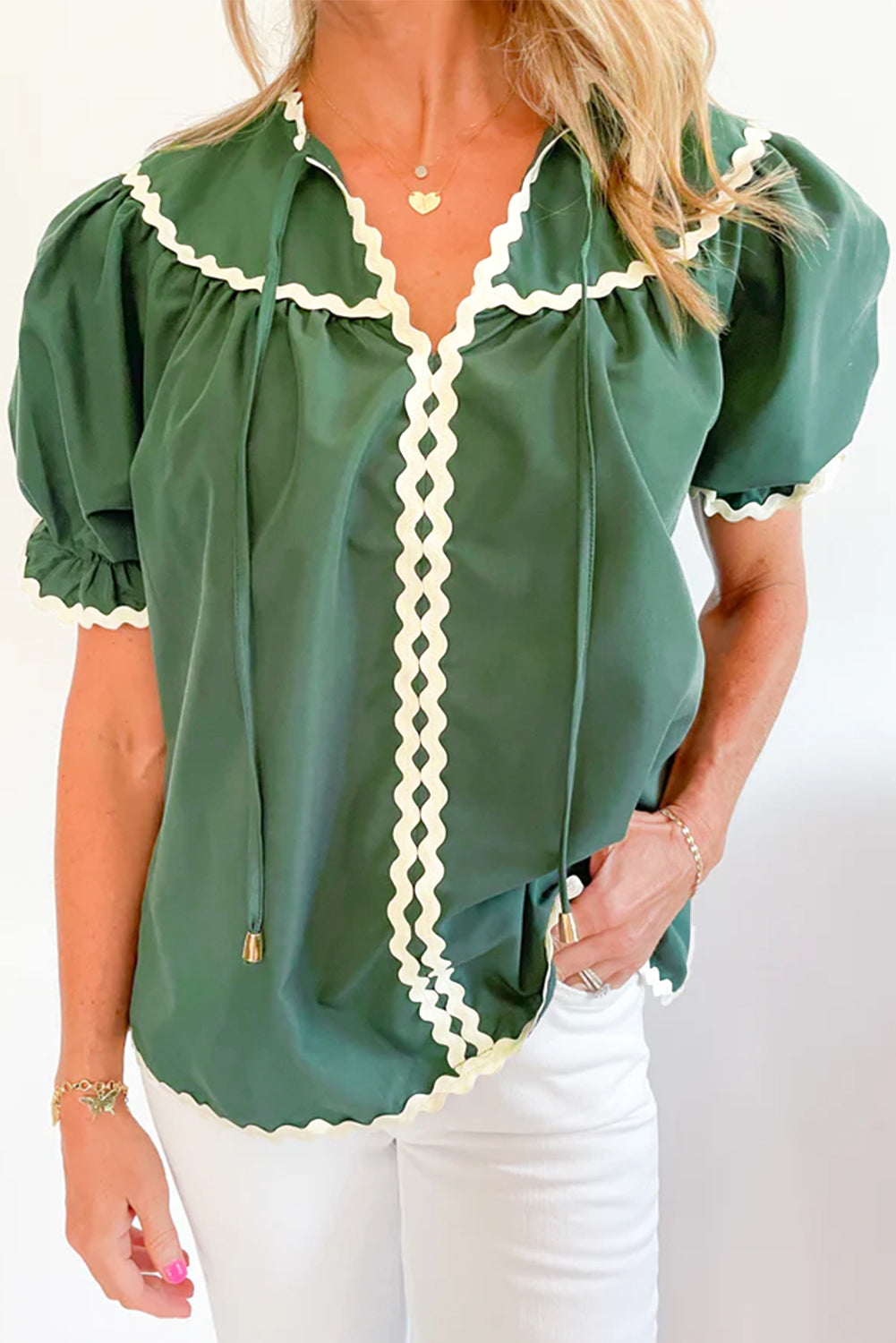 Mist Green Ric Rac Trim Tie Split Neck Short Sleeve Blouse eAura