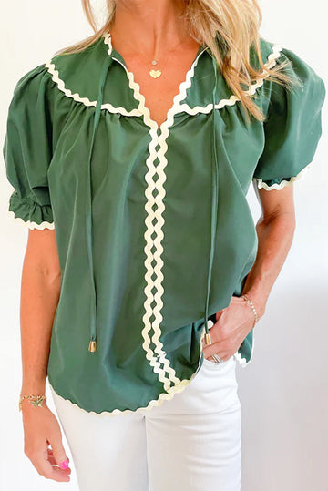 Mist Green Ric Rac Trim Tie Split Neck Short Sleeve Blouse eAura