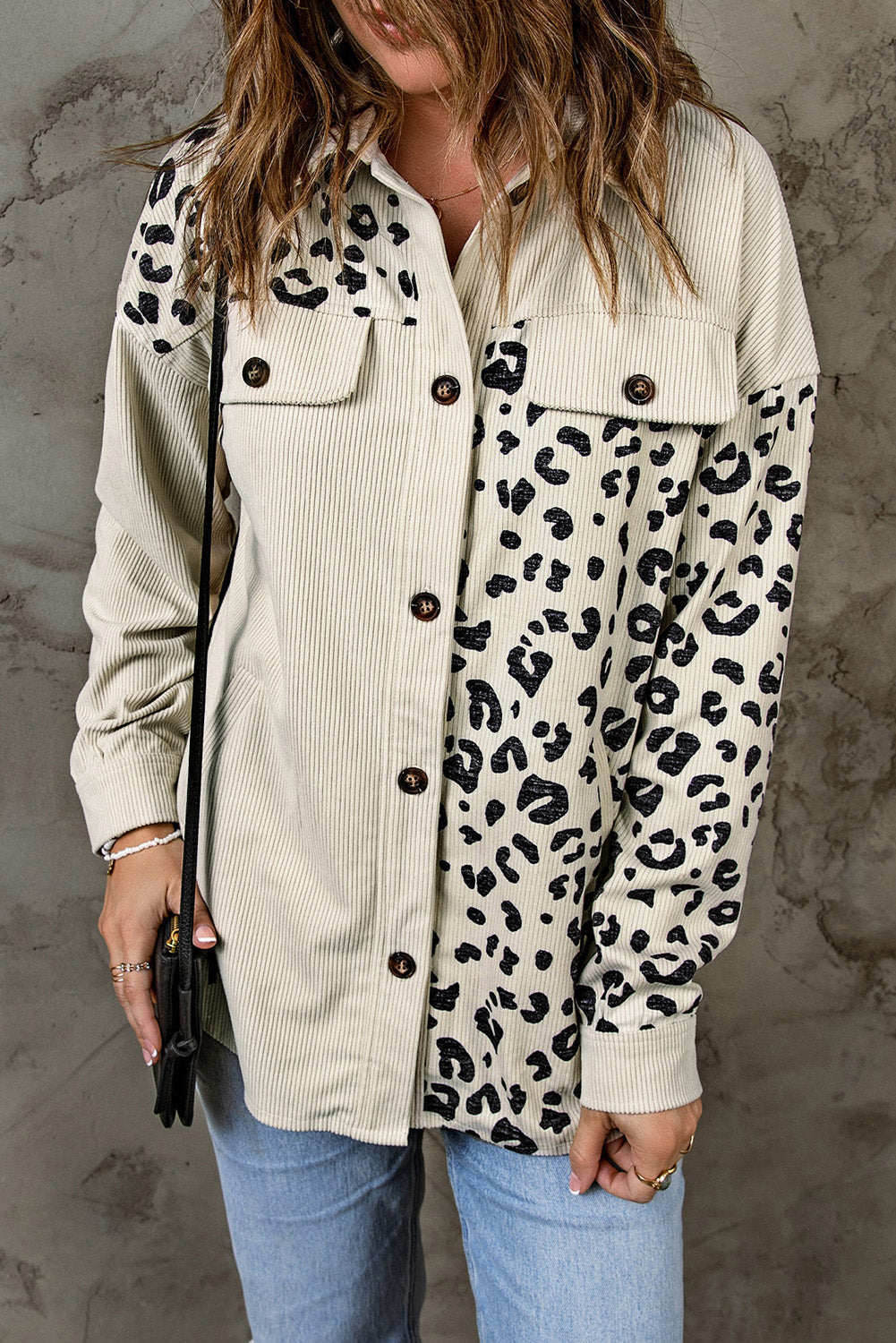 Apricot Leopard Print Detail Pocketed Corduroy Jacket eAura
