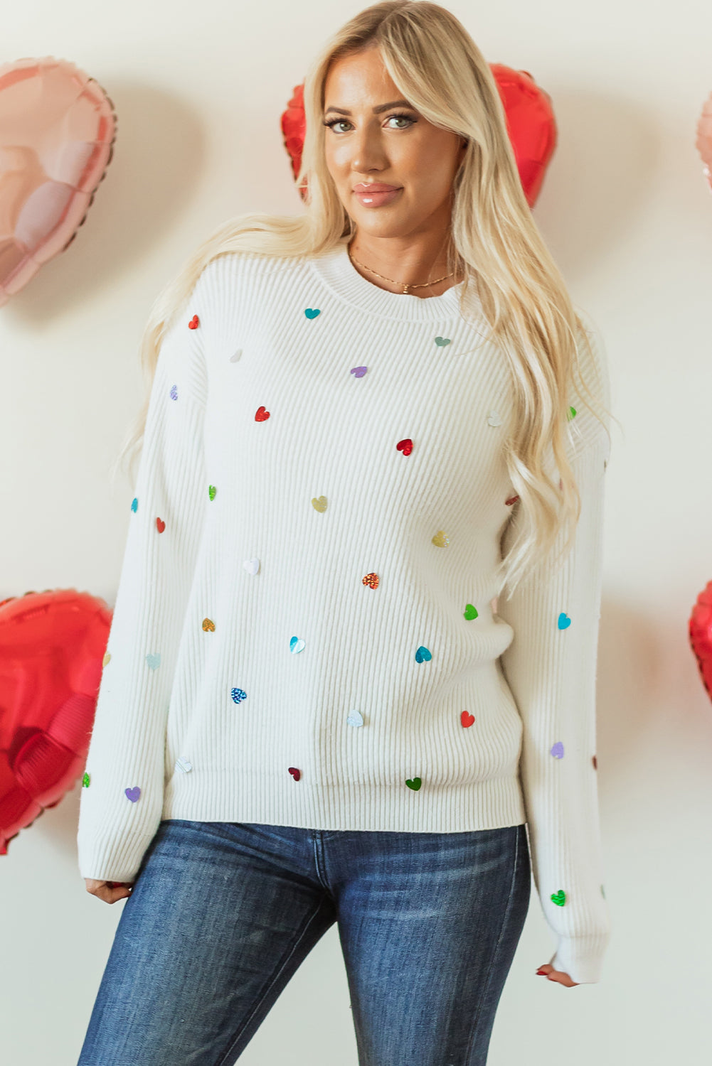 Beige Sequin Heart Shape Waffle Knit Round Neck Sweater eAura