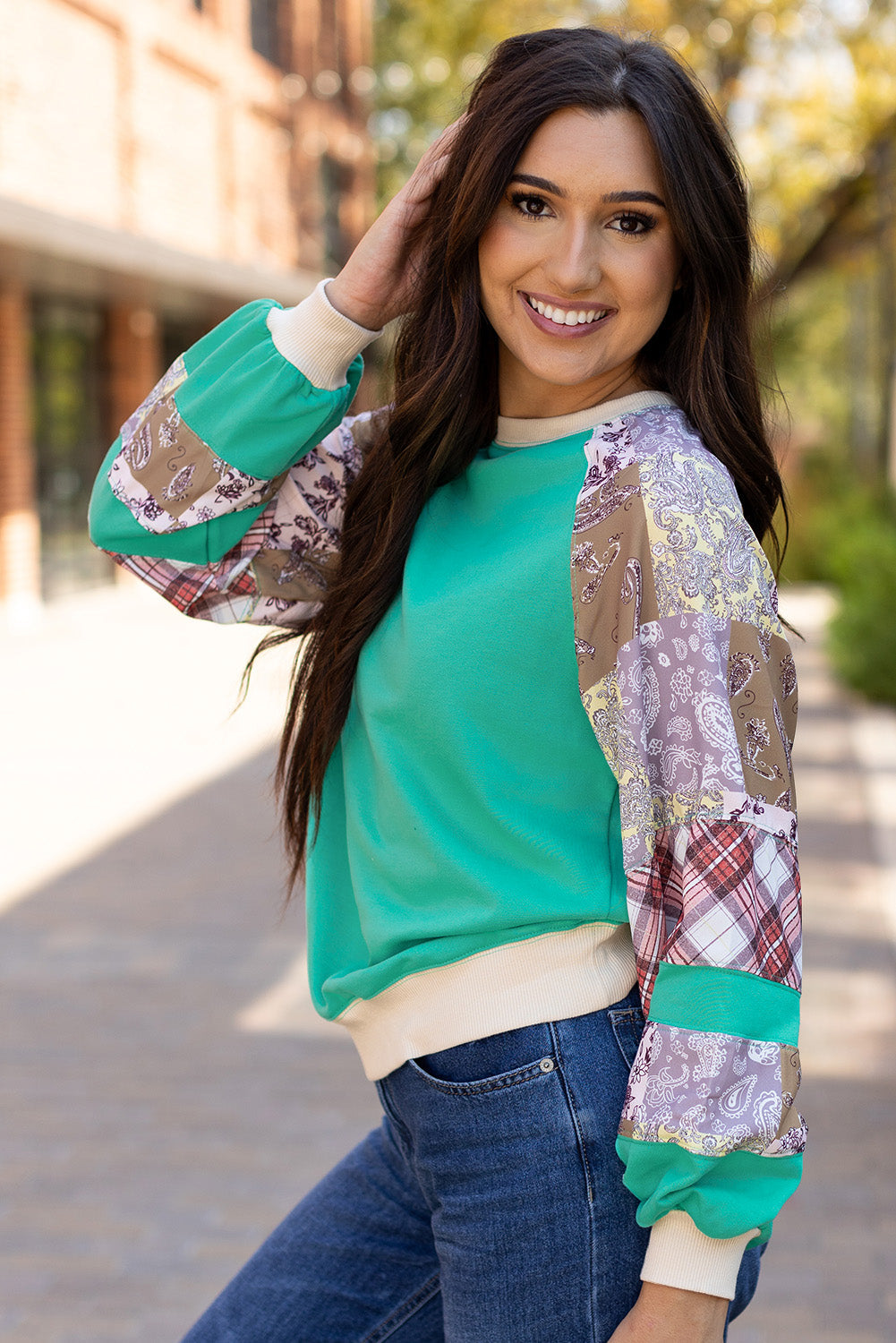 Aruba Blue Plaid Vintage Paisley Patchwork Long Sleeve Raglan Top Beagle Boutique Fashion Outlet