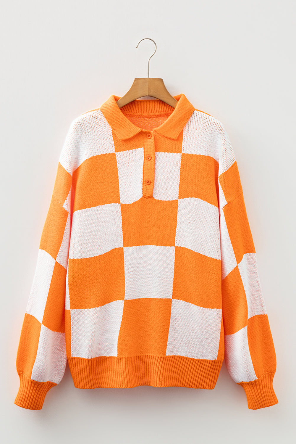 Checkered Pattern Polo Collar Loose Sweater eAura