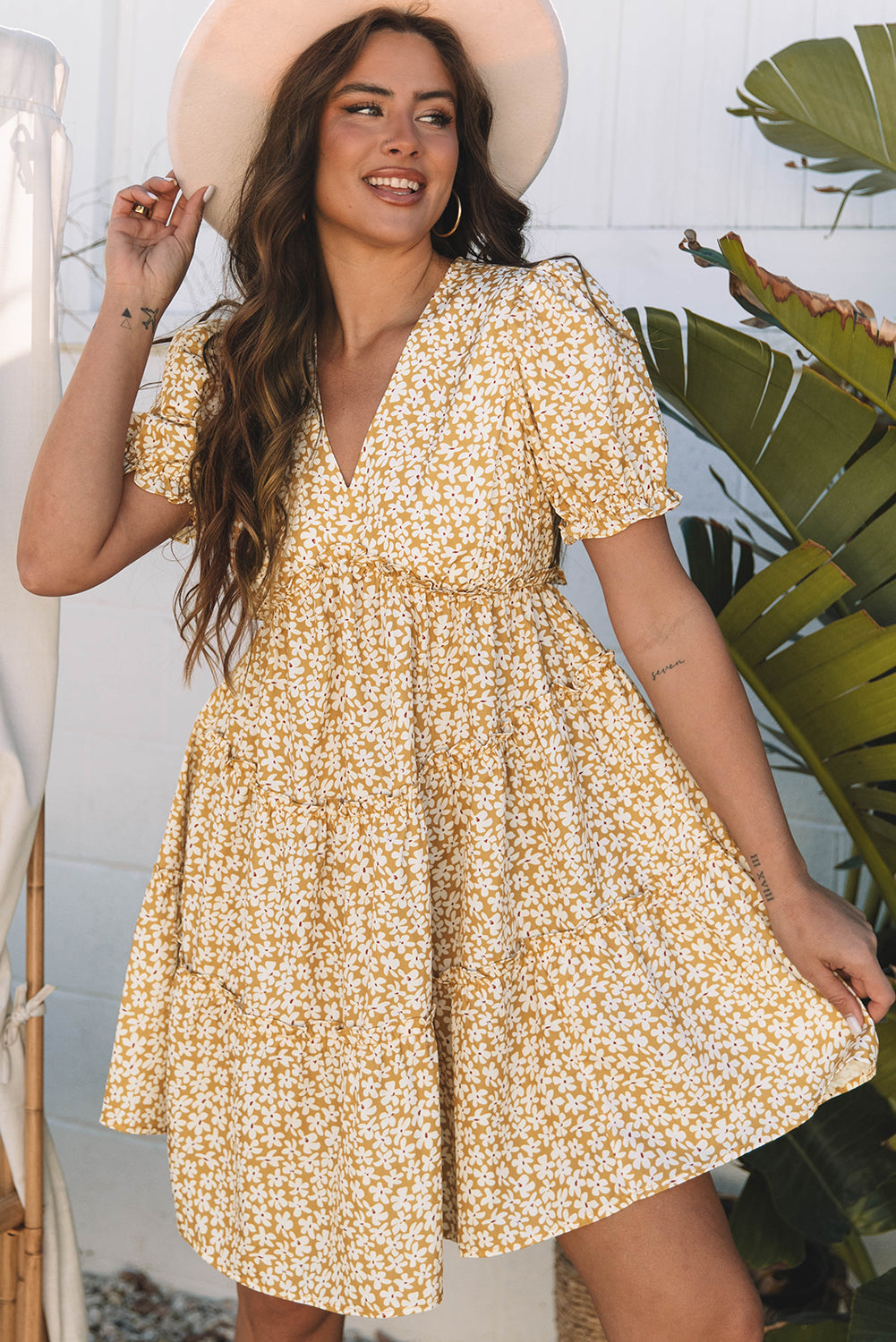 Yellow Floral Short Sleeve V Neck Frilly Tiered Mini Dress eAura