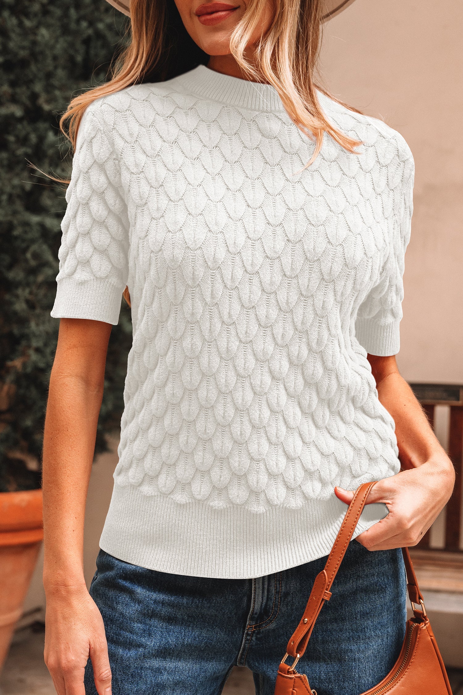 Fish Scale Textured Knit Ribbed High Neck Short Sleeve Sweater - eAura