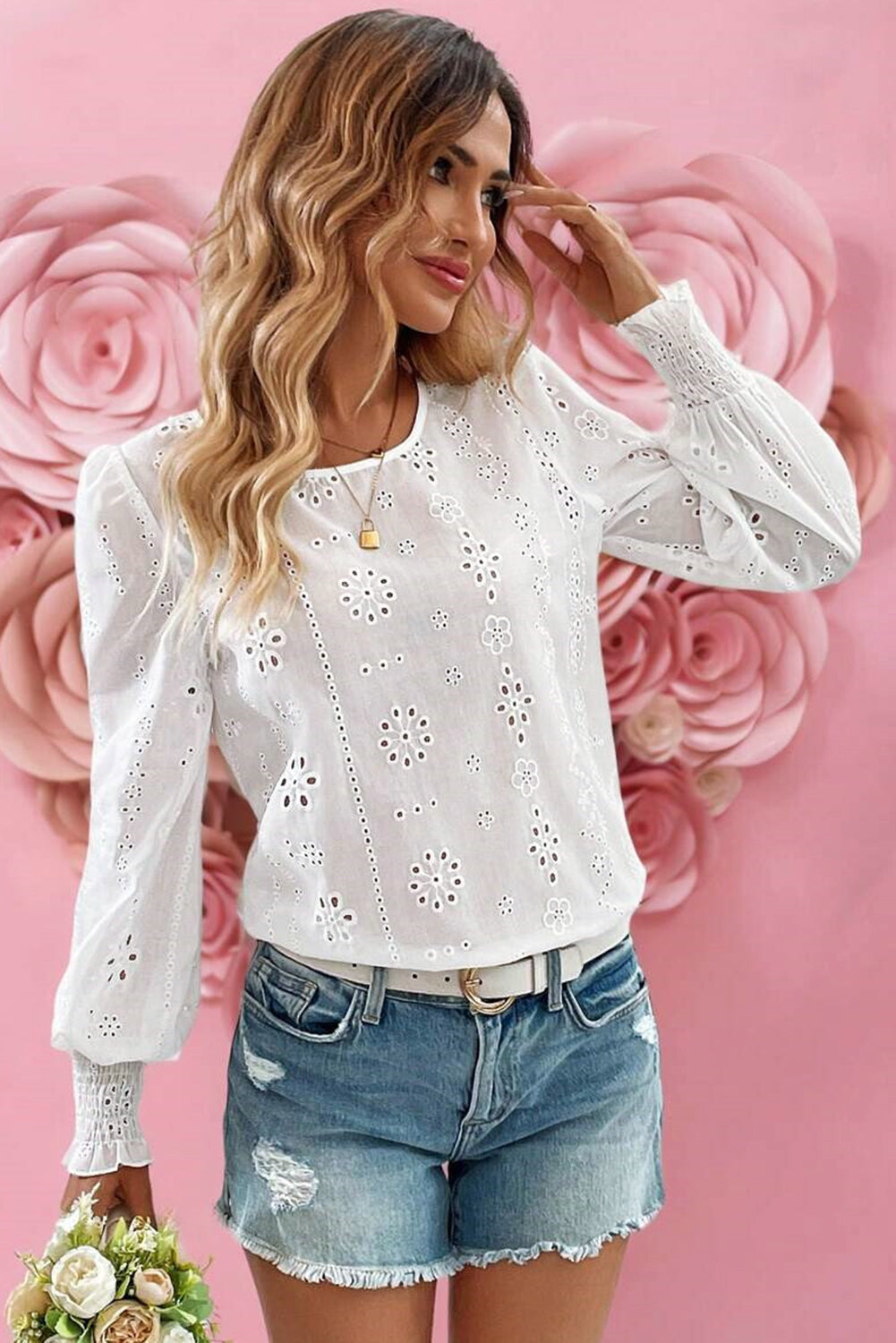White Eyelet Embroidered Smocked Cuff Sheer Blouse Dear-Lover Dropshipping