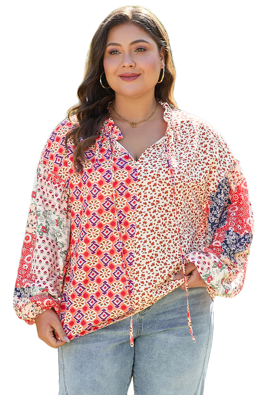 Orange Floral Geometric Patchwork Lace-up Crewneck Plus Size Blouse BB Fashion Outlet