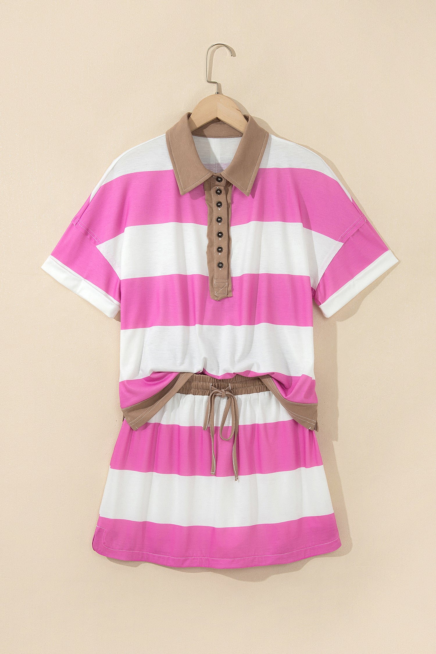 Colorblock Trim Polo Tee Drawstring Mini Skort 2pcs Set – Rose Stripe