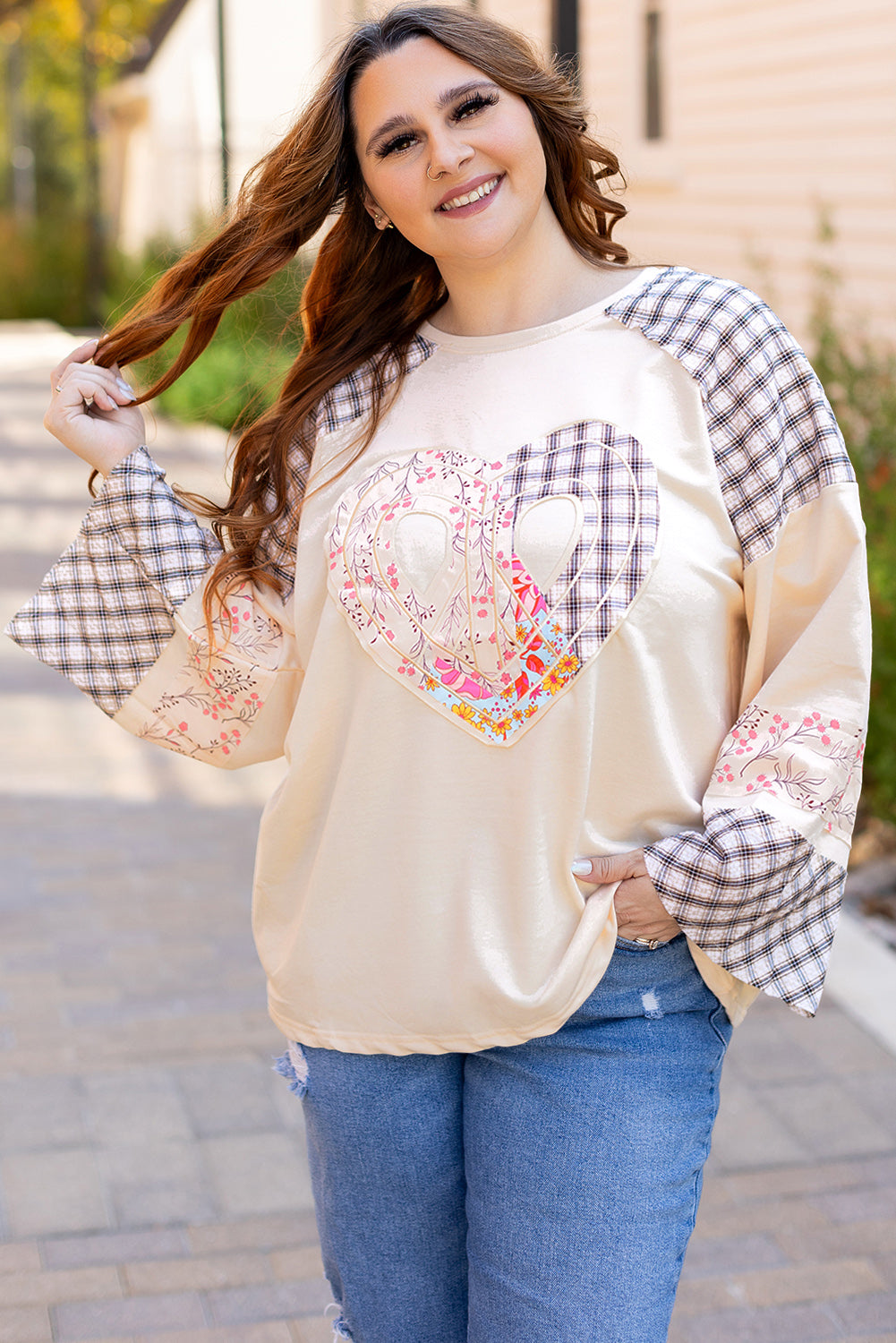 Clearly Aqua Plaid Floral Peace Heart Graphic Wide Long Sleeve Top Beagle Boutique Fashion Outlet