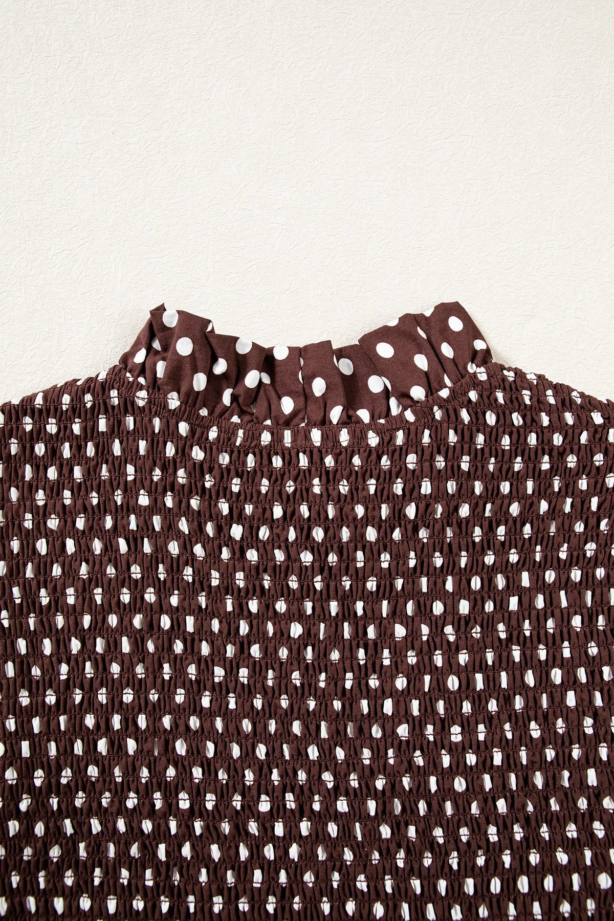 Polka Dot Ruffled High Neck Shirred Ruffle Hem Blouse – Brown