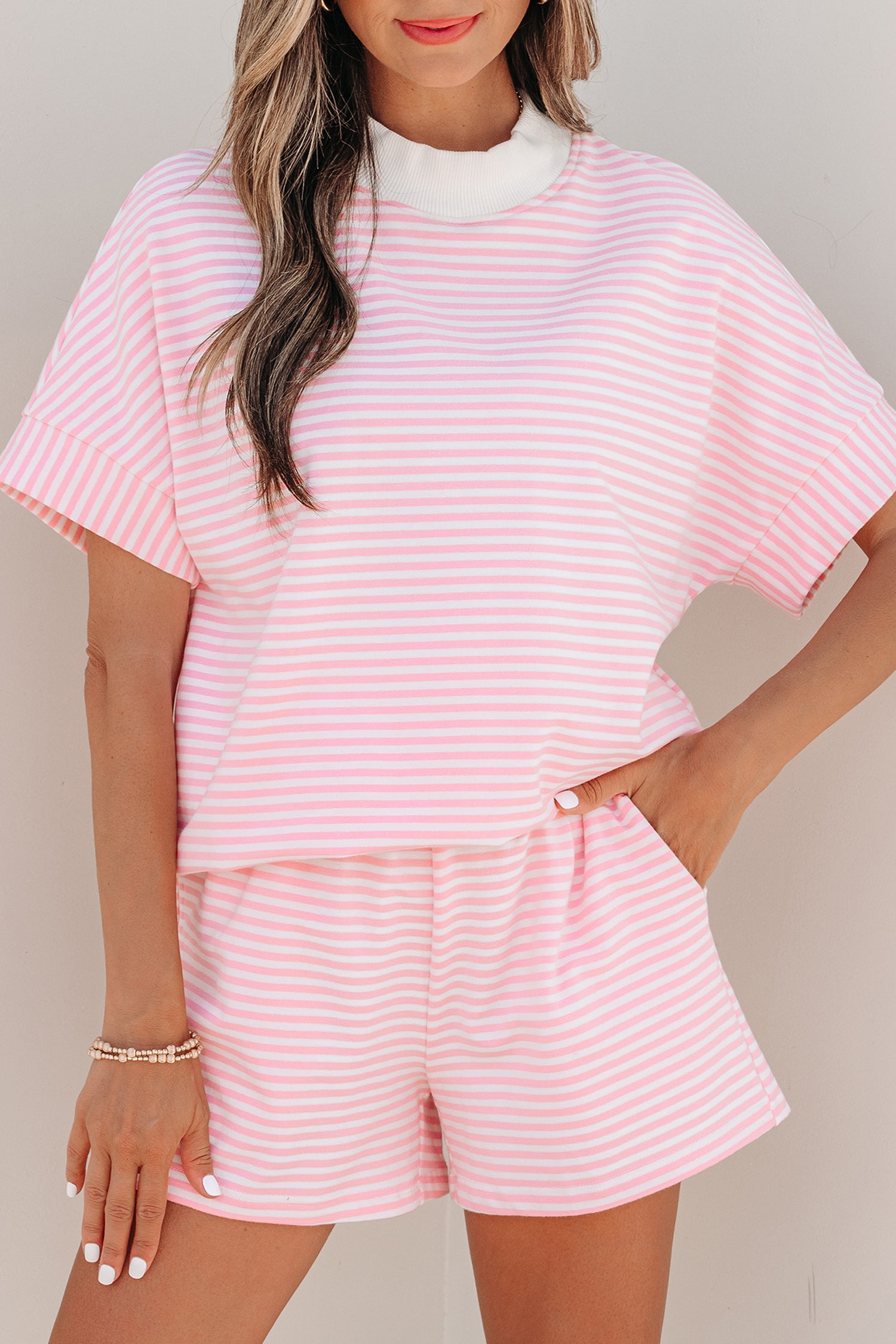 Stripe Cuffed Sleeve Contrast Mock Neck Tee Casual Co-ord Short Set