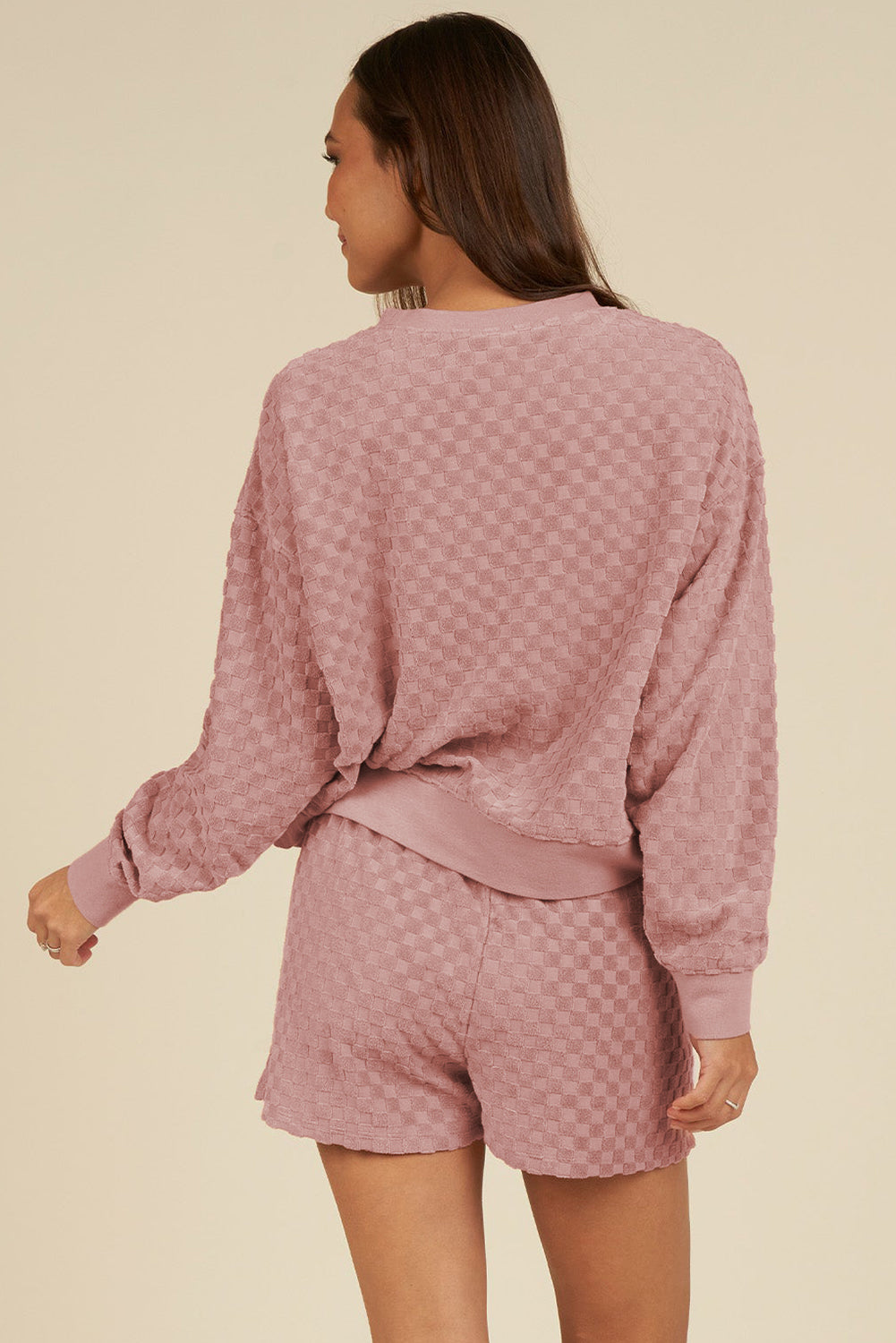 Blossom Checkered Textured Long Sleeve Top and Shorts Set eAura
