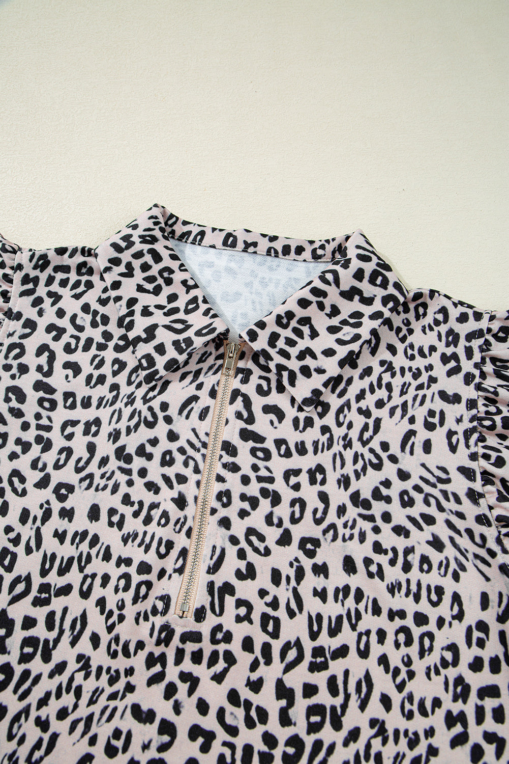 Brown Leopard Half Zipper Collared Ruffled Sleeve Top and Short Set eAura