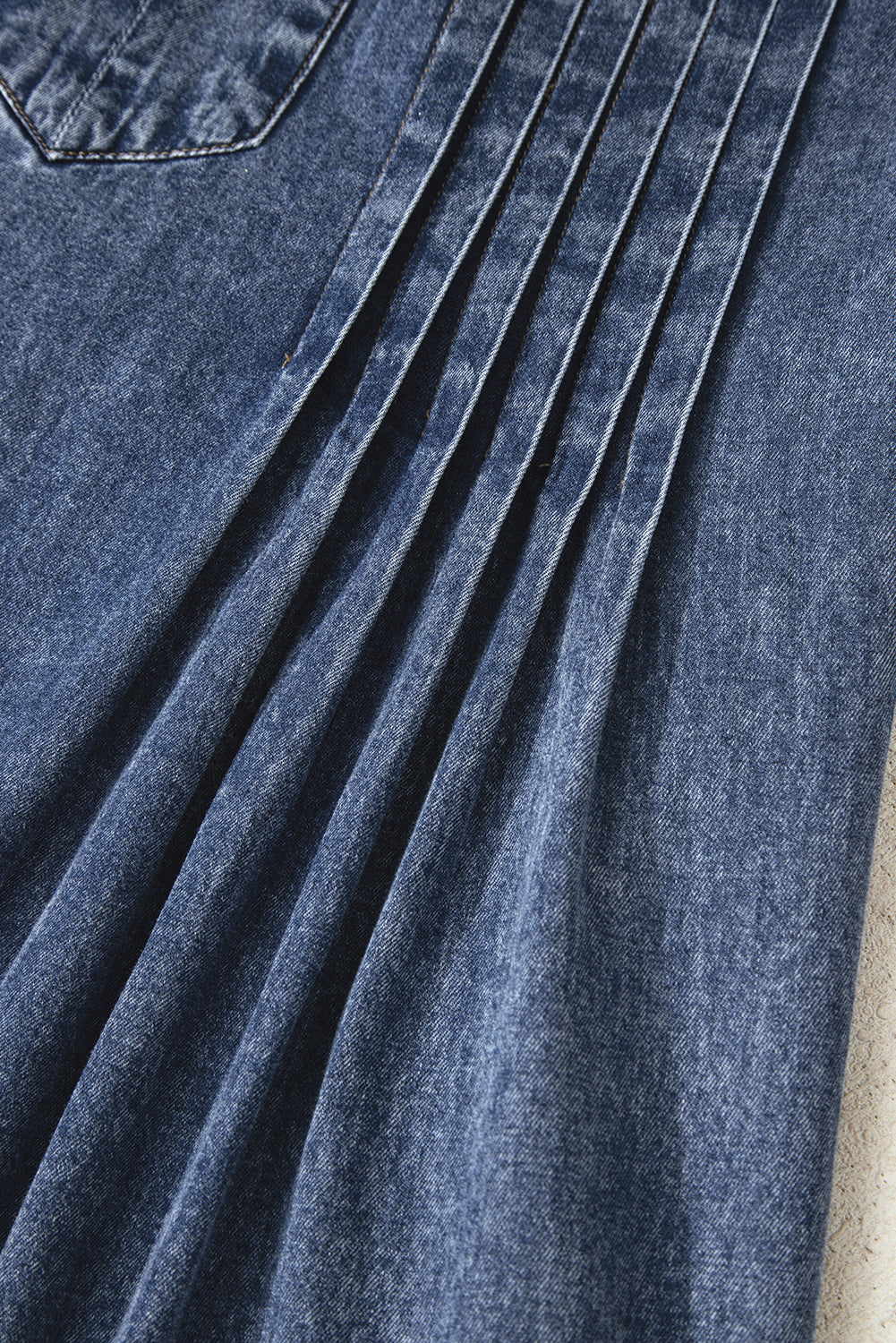 3/4 Sleeve Tied V-Neck Pleated Denim Mini Dress - eAura