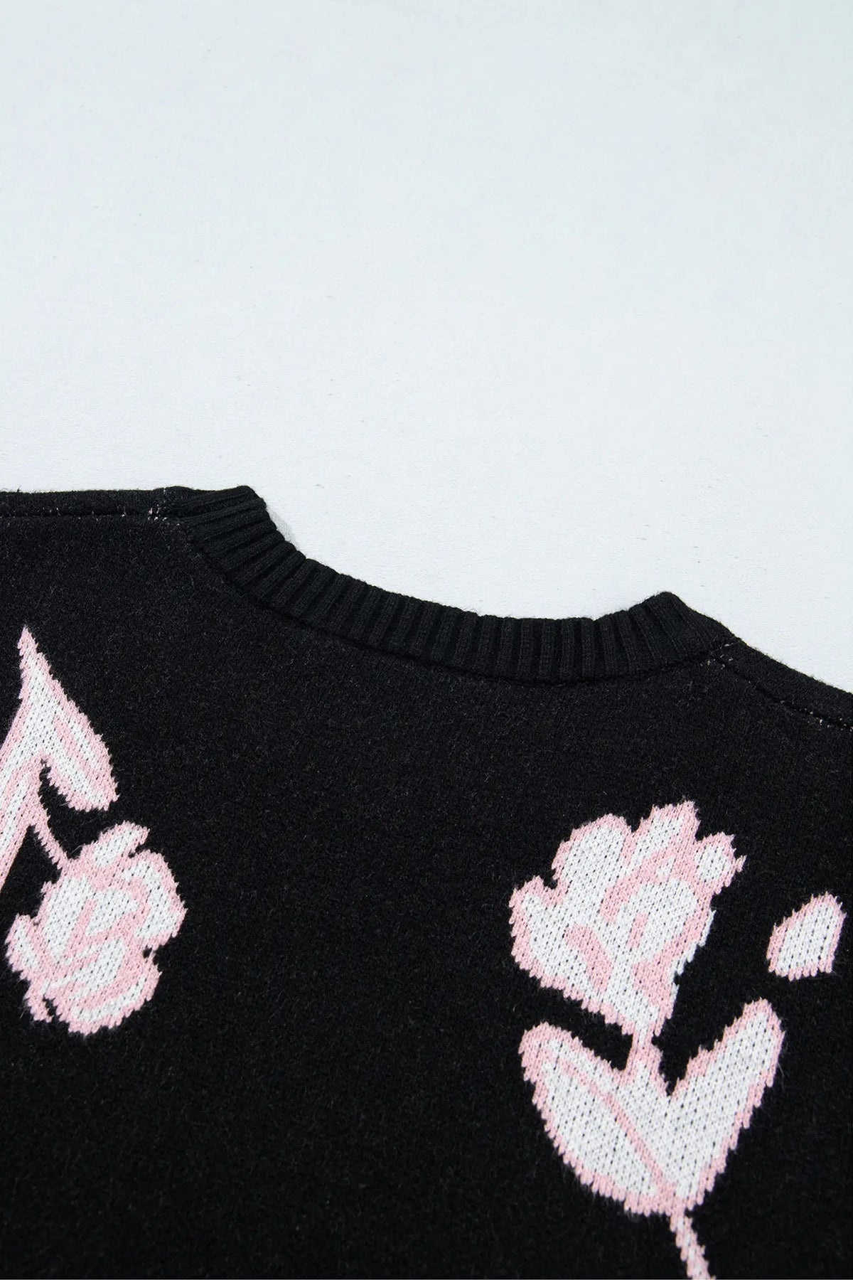 Floral Pattern Puff Sleeve Dropped Shoulder Pullover Sweater – Black