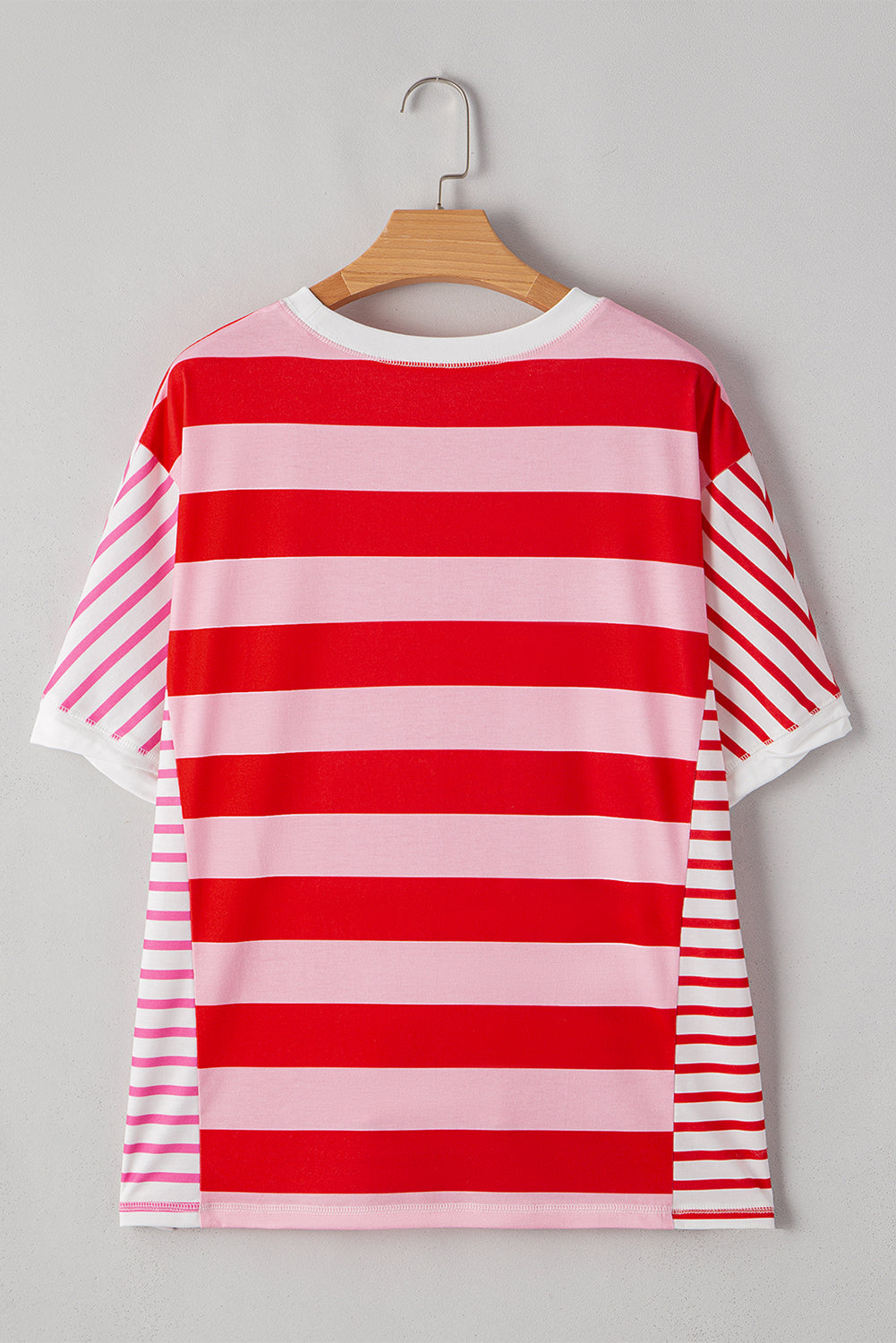 Pink Stripe Patchwork Round Neck Side Split Loose T Shirt Dear-Lover Dropshipping