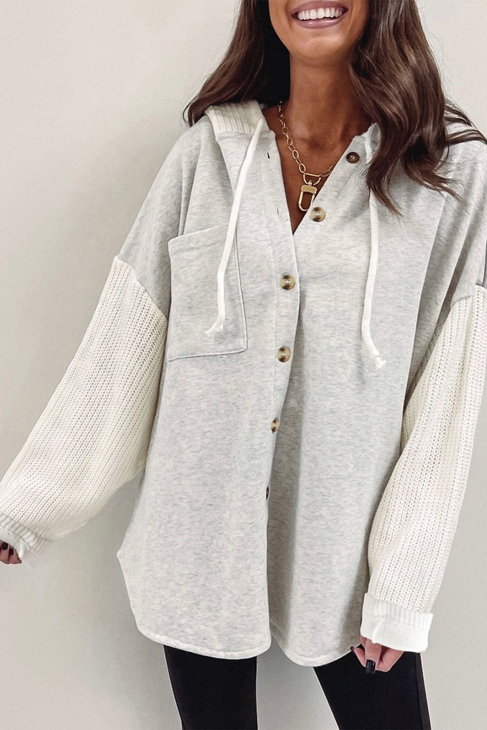 Grey Button Up Contrast Knitted Sleeves Hooded Jacket Beagle Boutique Fashion Outlet