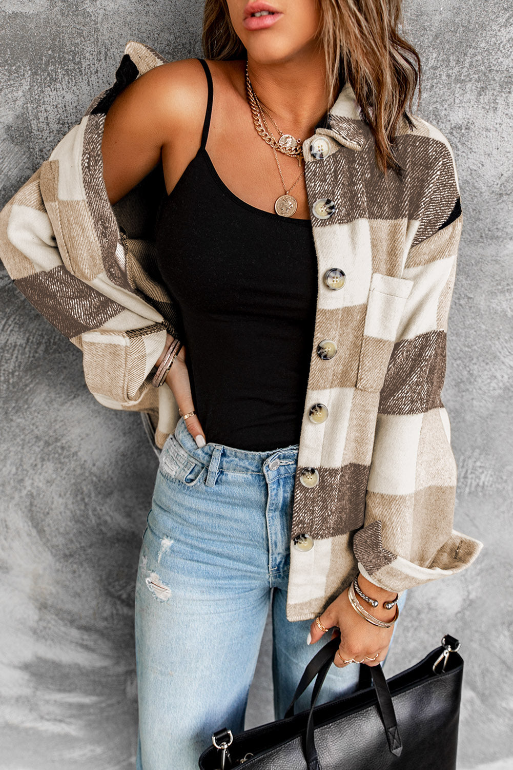 Khaki Plaid Colour Block Buttoned Long Sleeve Jacket with Pocket Beagle Boutique Fashion Outlet