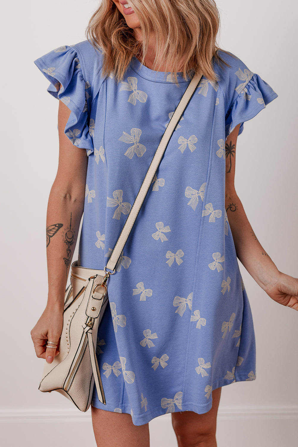 Sky Blue Bow Knot Print Crewneck Ruffled Sleeve Shift Mini Dress eAura