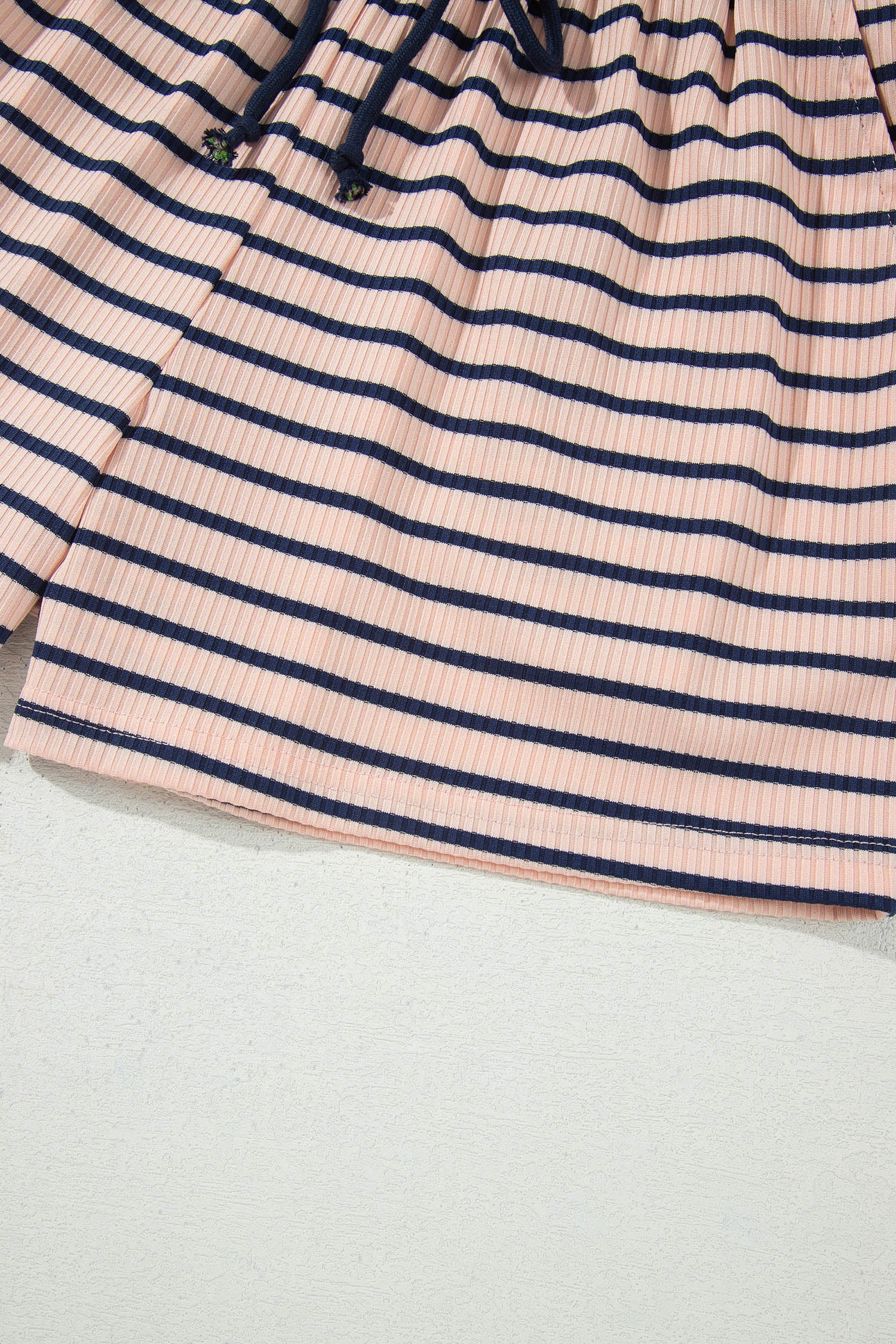 Color Block Long Sleeve Pullover Ribbed Knit Casual Shorts Set – Blue Stripe
