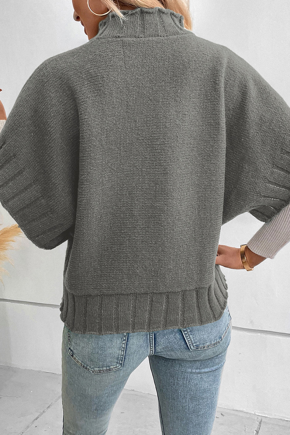 Blackish Green Mock Neck Batwing Short Sleeve Knit Sweater eAura