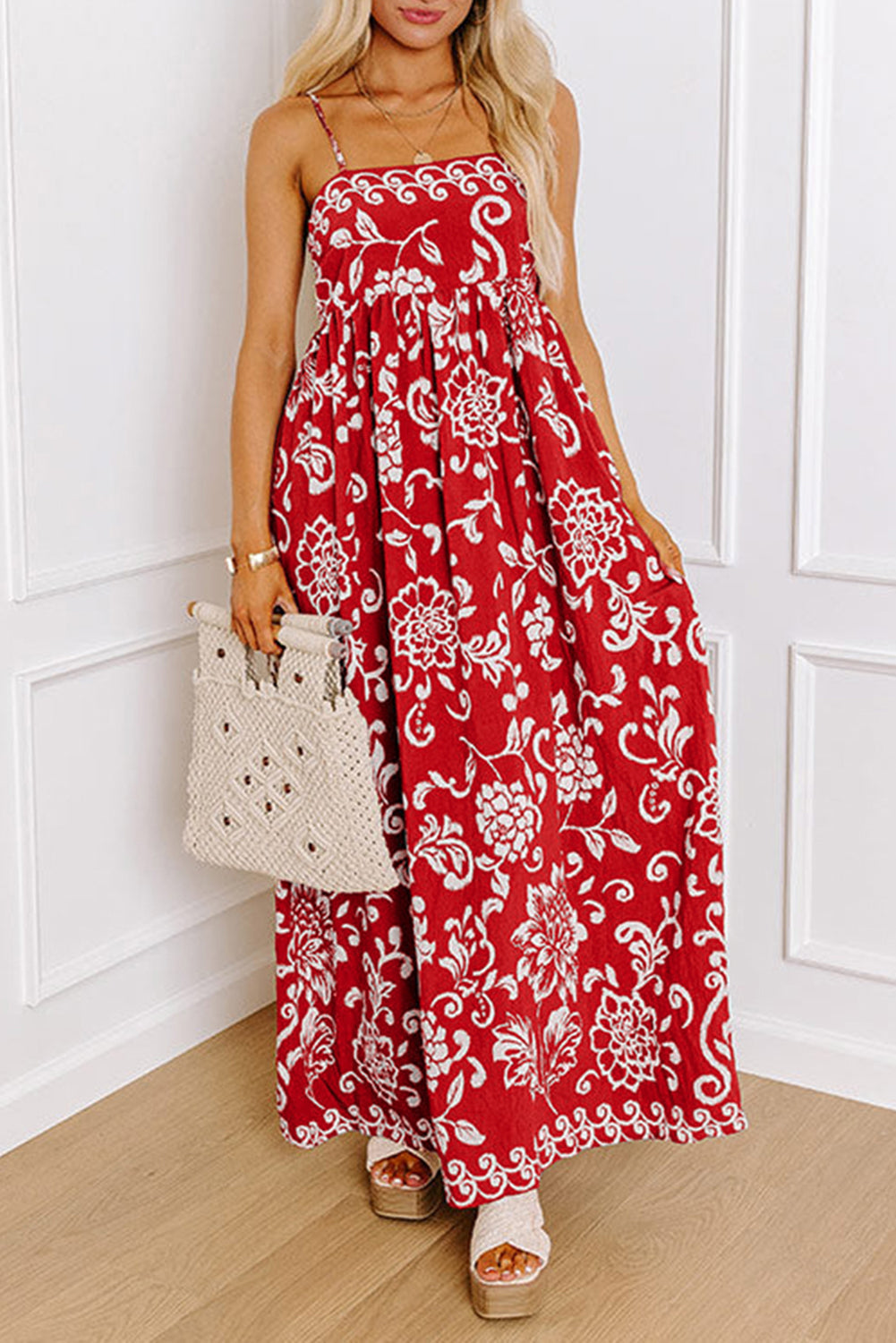 Red Floral Printed Spaghetti Strap Empire Waist Maxi Dress eAura
