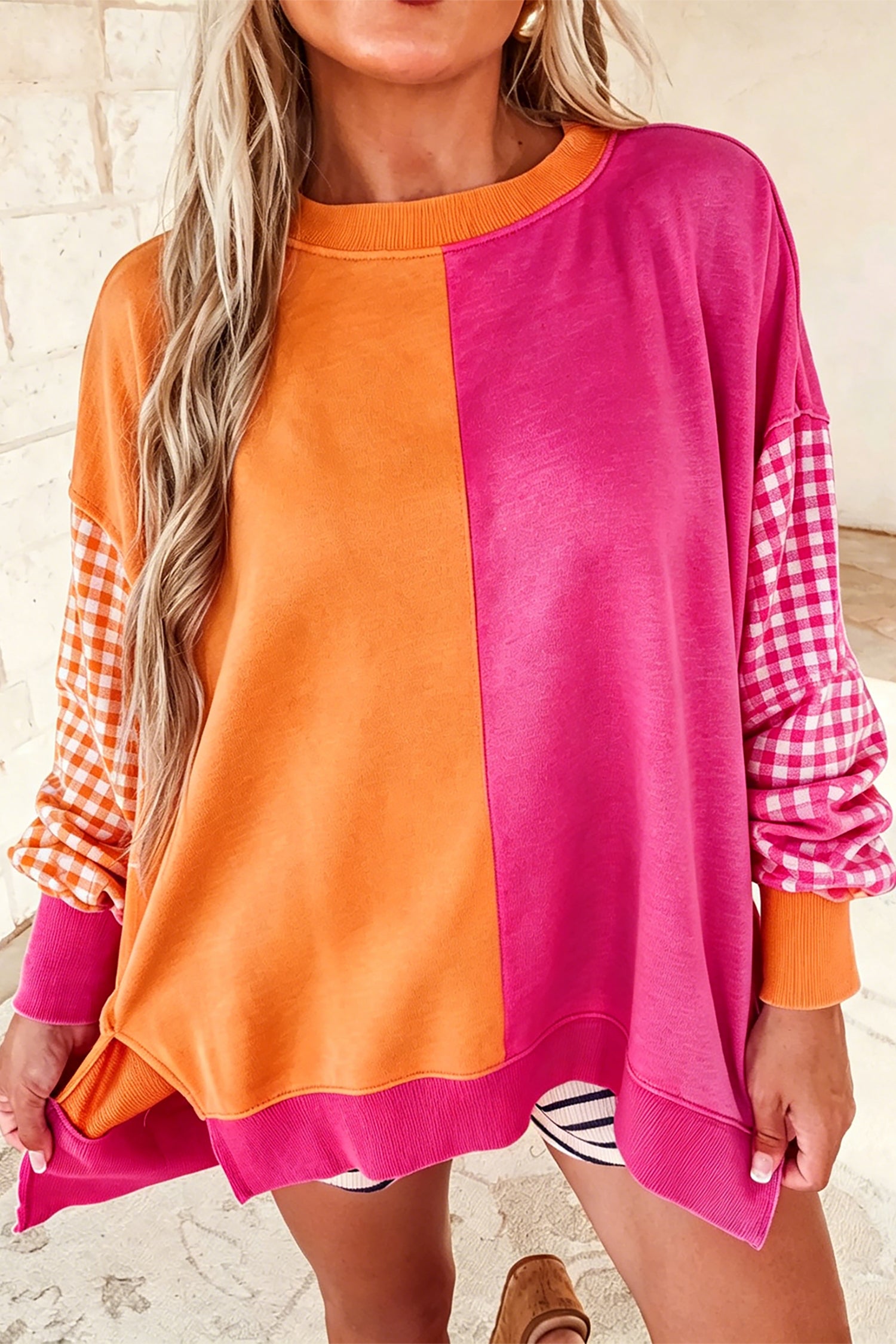Colorblock Gingham Sleeve Crewneck Sweatshirt – Rose Red