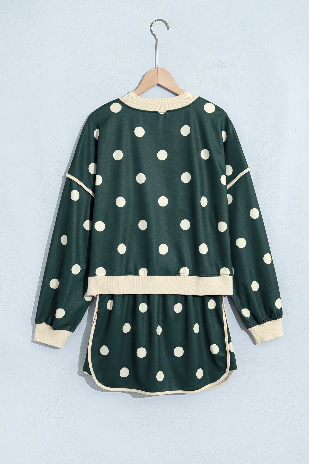 Polka Dot Print Colour Block Trim Baggy Pullover Drawstring Skirt 2pcs Set – Green