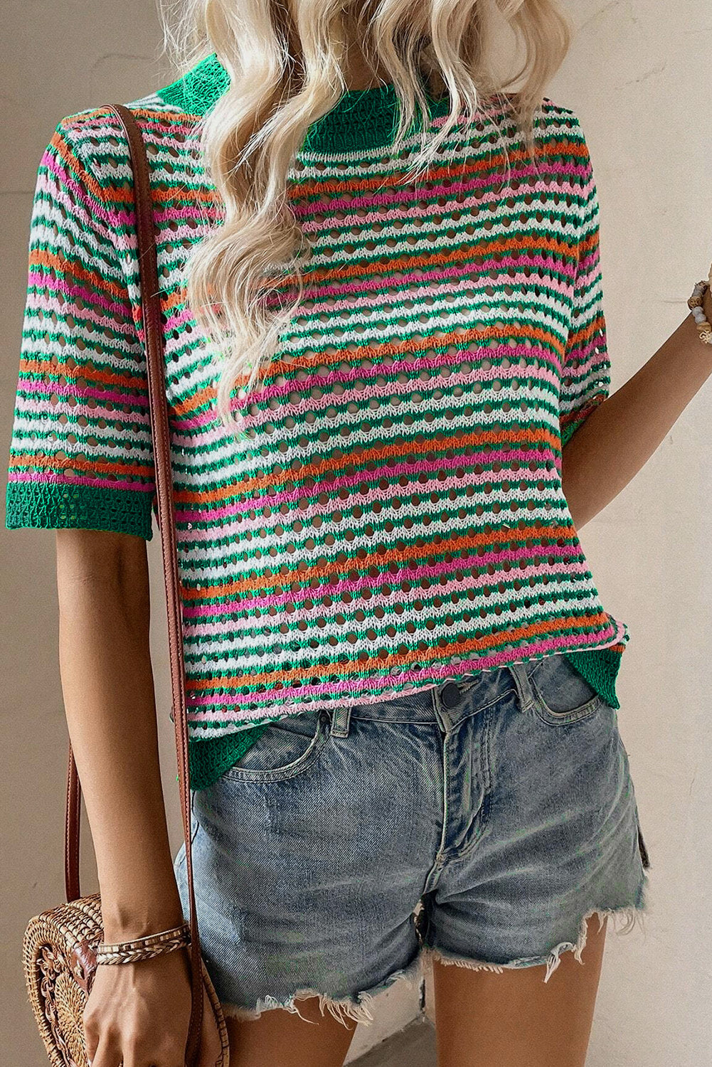 Dark Green Striped Pattern Contrast Trim Pointelle Knit T Shirt eAura