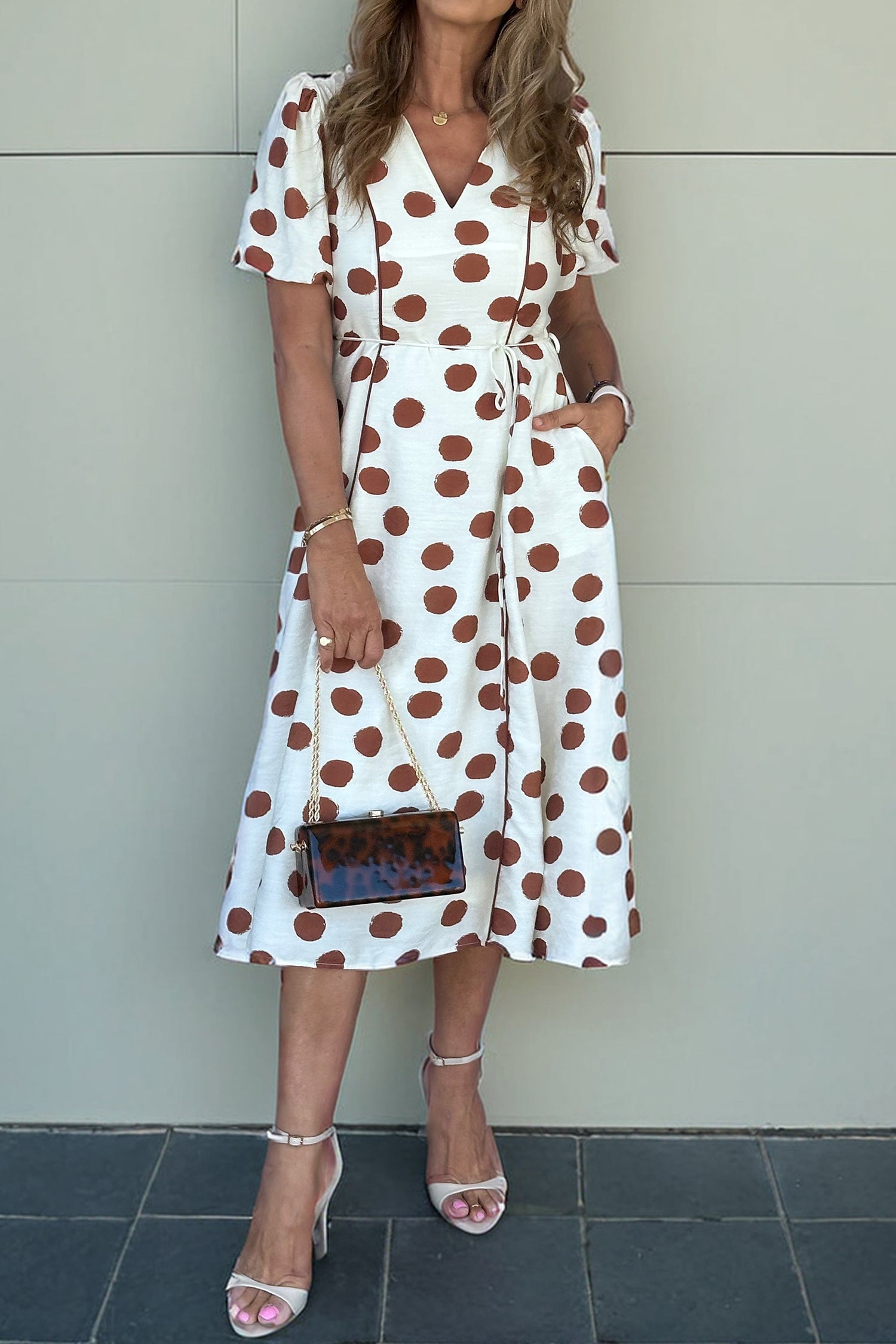 White Polka Dot Printed V-Neck Short Sleeve Tie Waist Midi Dress