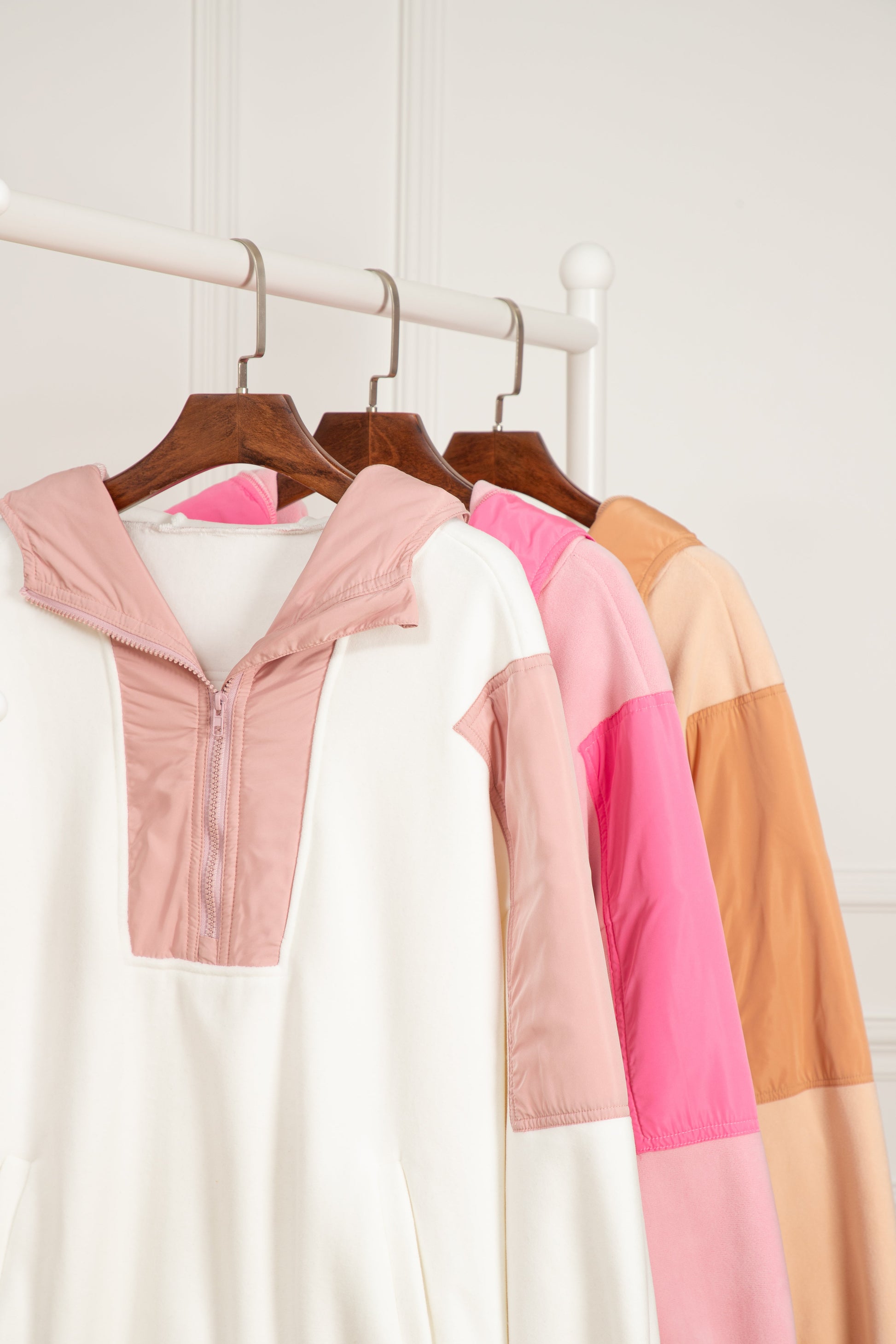 Light French Beige Colourblock Patchwork Half Zip Oversized Sherpa Hoodie eAura