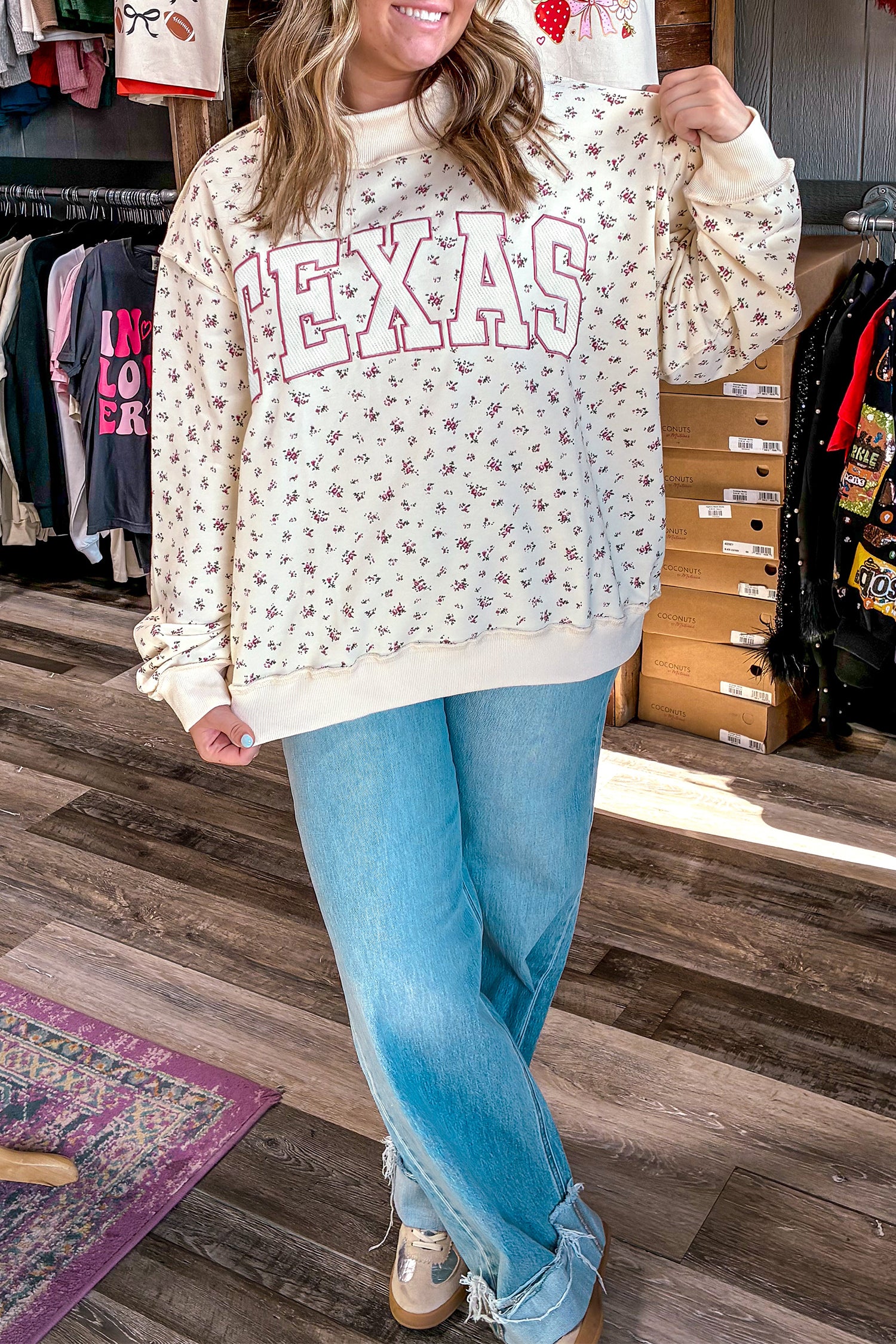 Apricot Floral Print Texas Long Sleeve Ribbed Neck Tunic Plus Size Sweatshirt – Beige