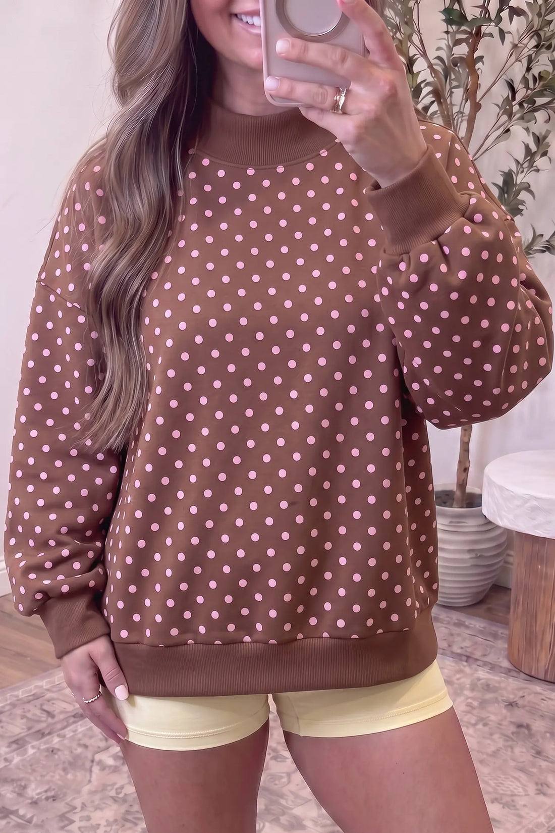 Polka dot long sleeve mock neck sweatshirt