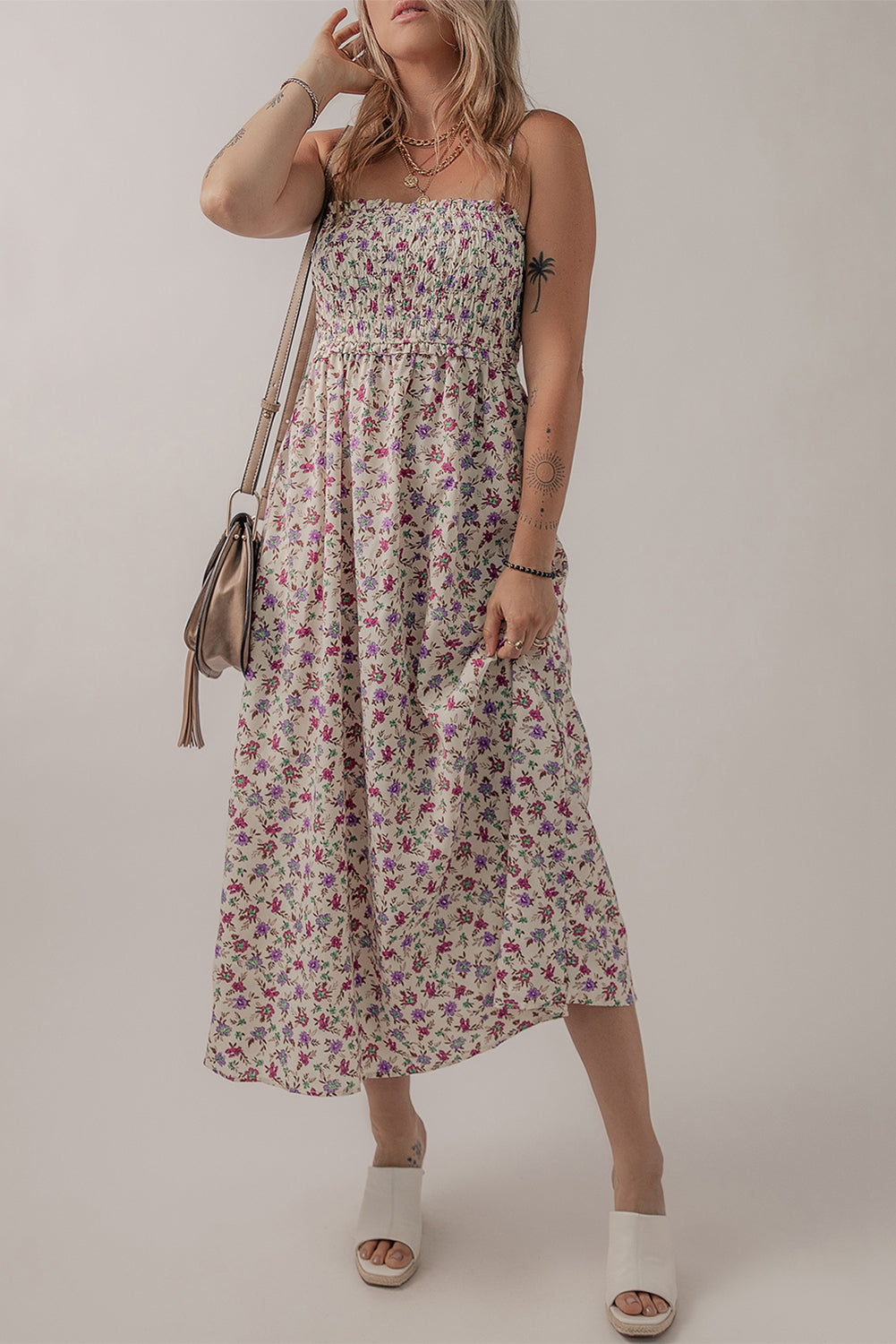 Multicolour Bohemian Ditsy Floral Smocked Fit Flare Sundress eAura