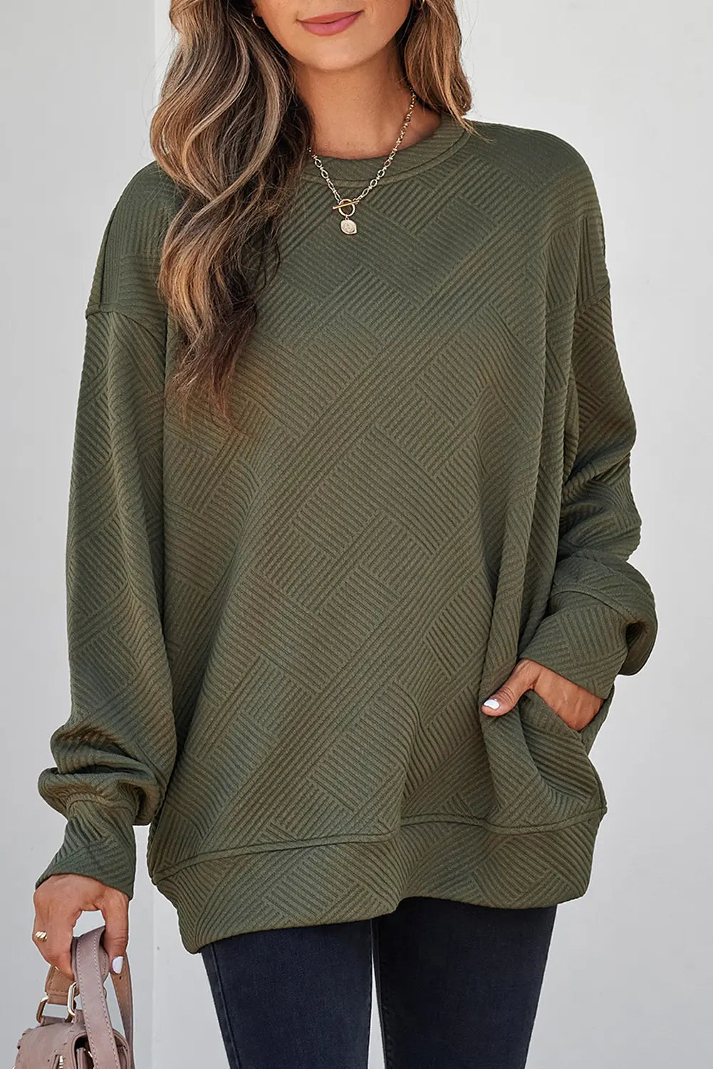 Jungle Solid Colour Textured Round Neck Drop Shoulder Pullover Sweatshirt – Green