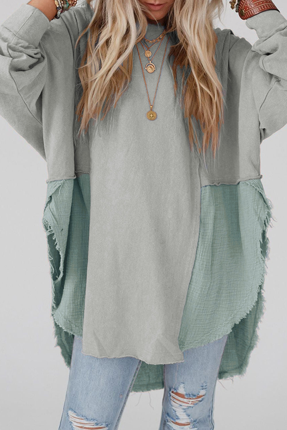 Camel Crinkle Splicing Raw Hem High Low Oversized Blouse eAura