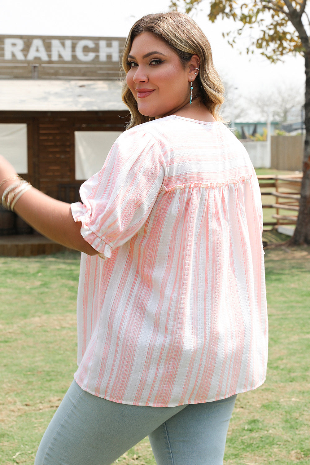 Pink Stripe Plus Size Tassel Tie Frilled Detail Short Sleeve Blouse BB Fashion Outlet