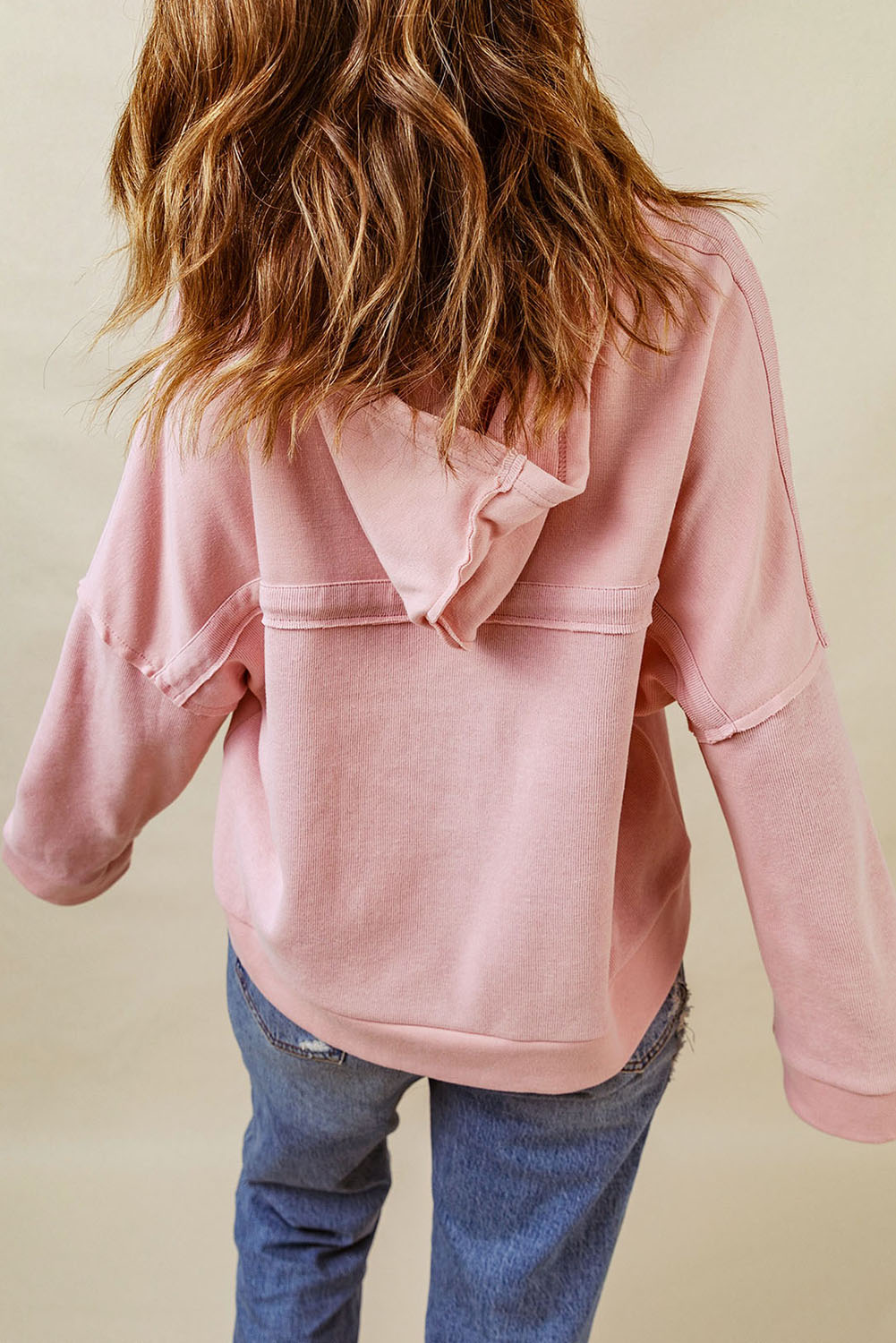 Pink Casual Button Solid Patchwork Trim Hoodie eAura