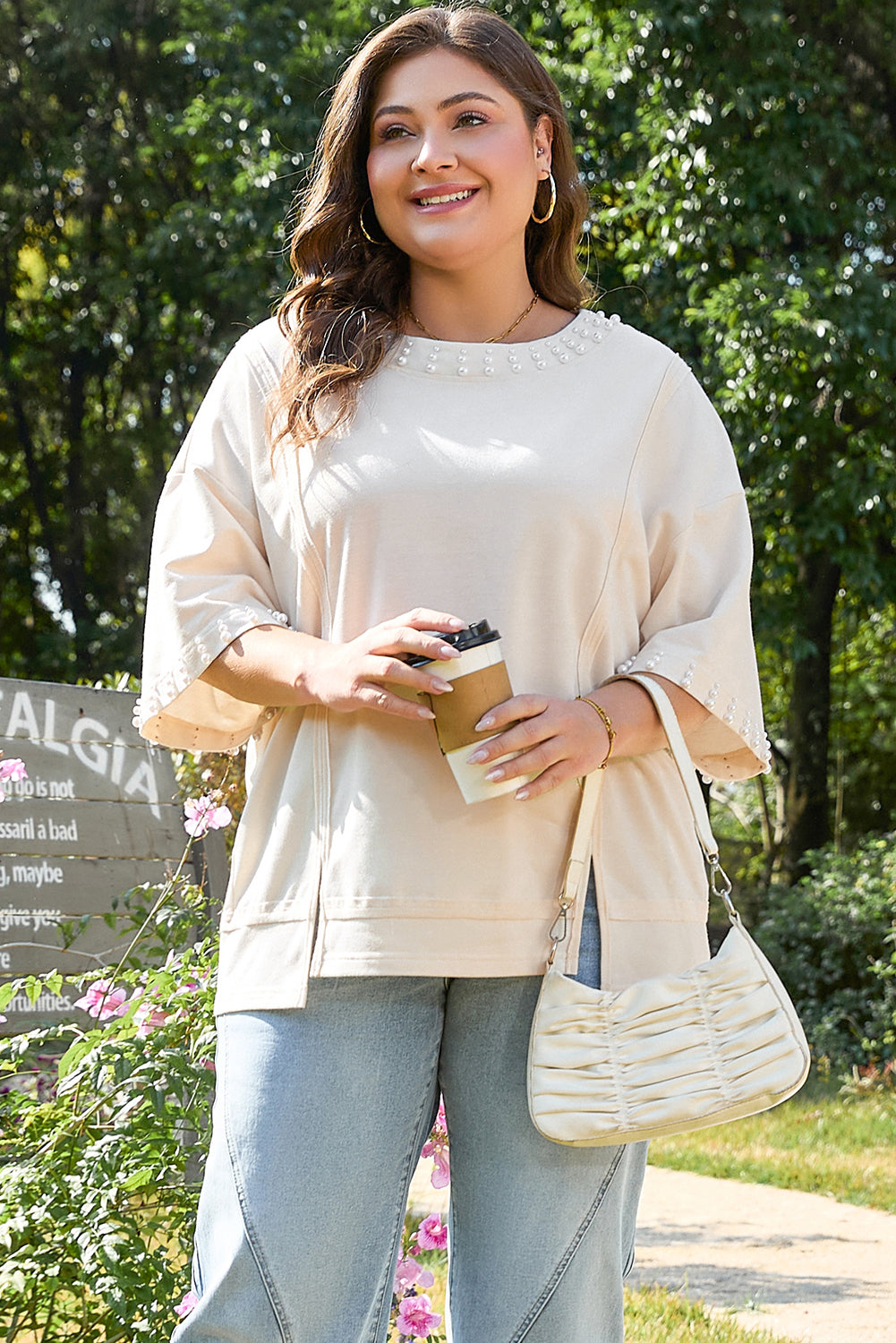 Beige Pearl Decor Crew Neck Half Sleeve Plus Size T Shirt BB Fashion Outlet