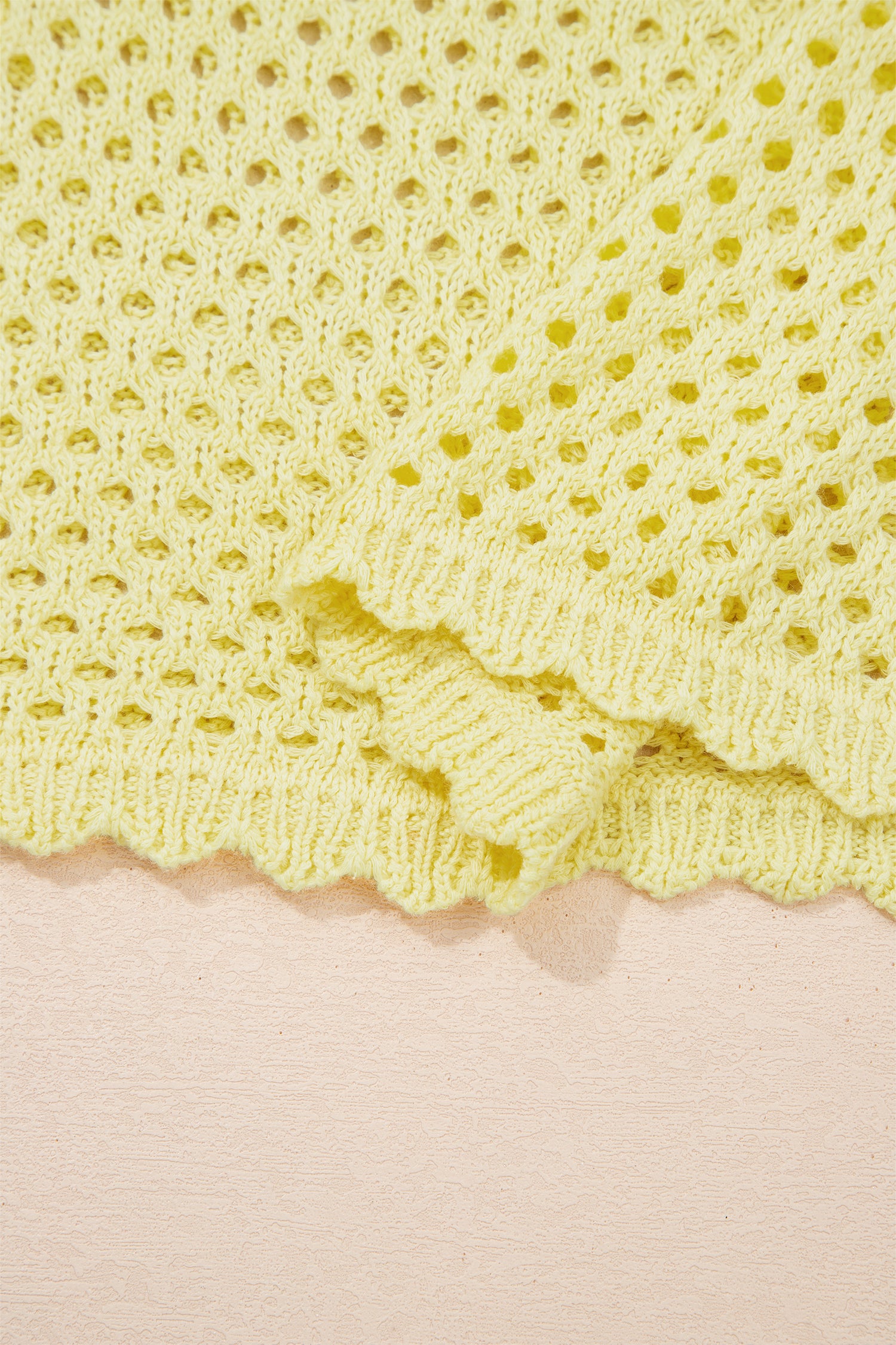 Scalloped Trim Hollow Out Knit Long Sleeve Top – Yellow Cream
