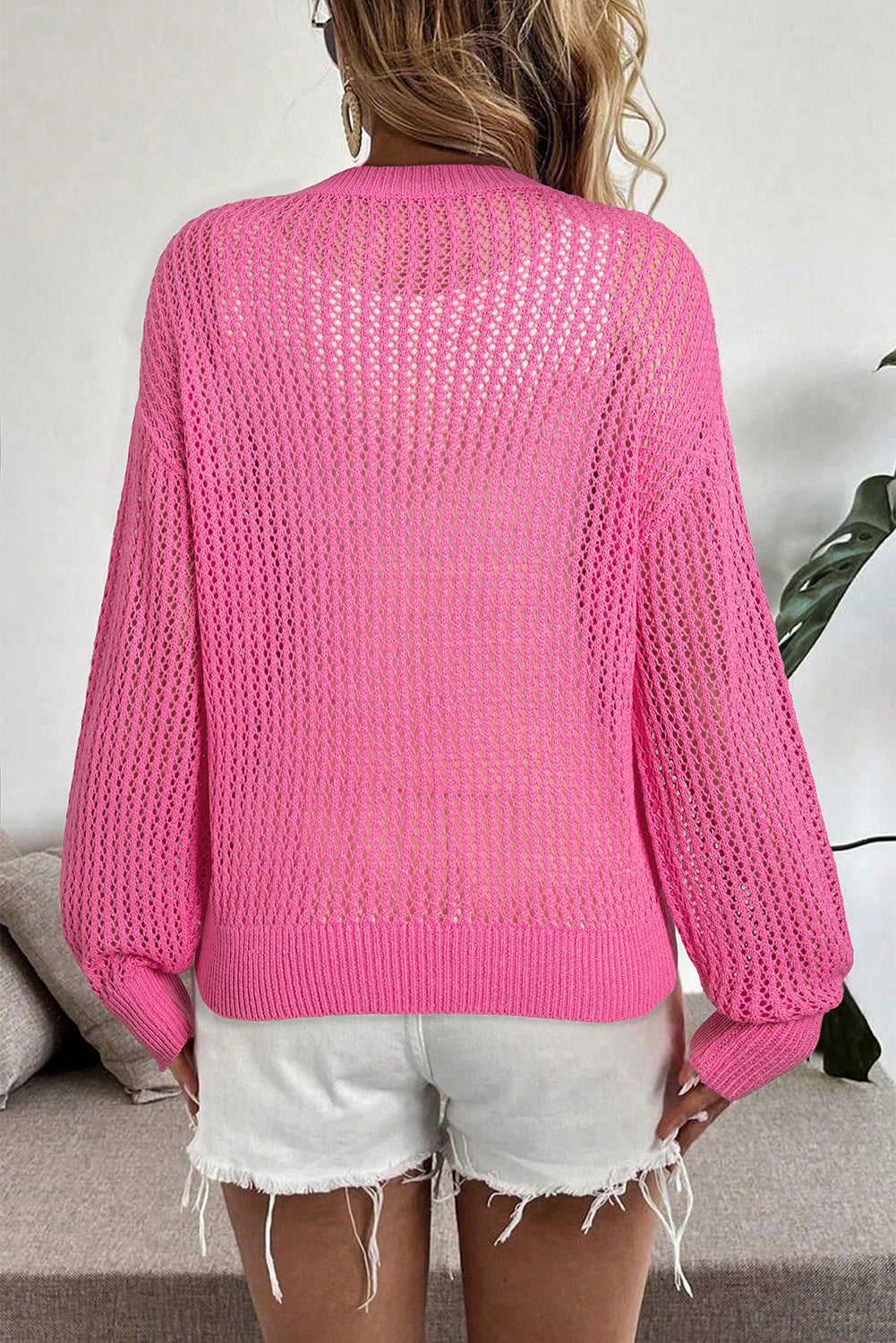 Sachet Pink Sweet Bow Decor Hollow Out Knitted Drop Shoulder Sweater Dear-Lover Dropshipping