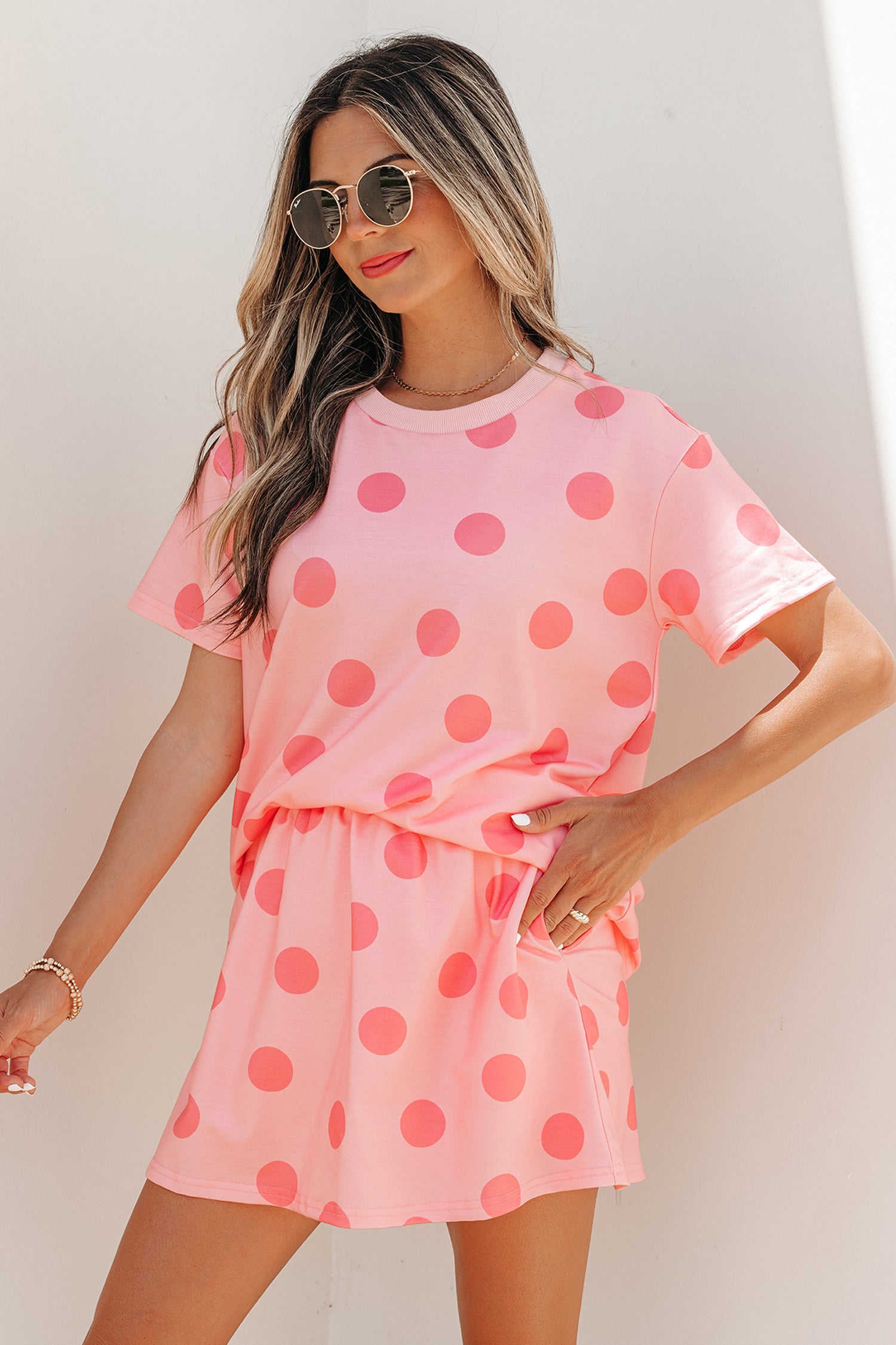 Polka Dot Short Sleeve Top Casual Skort 2pcs Outfit – White