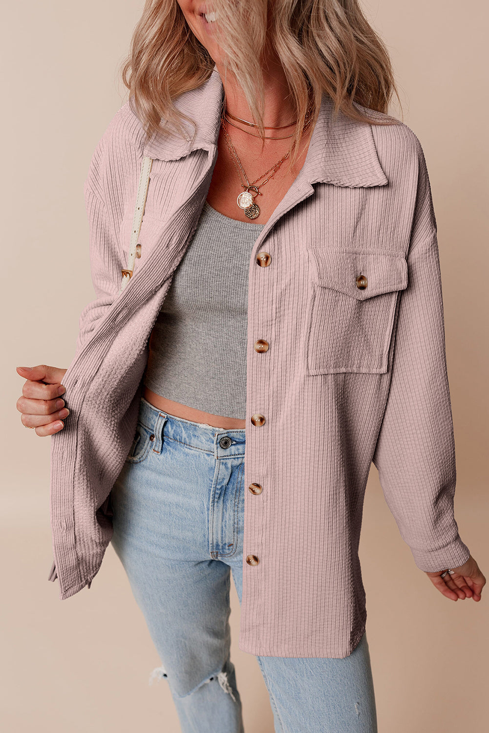 Light Pink Corduroy Flap Pocket Button Up Shacket Beagle Boutique Fashion Outlet