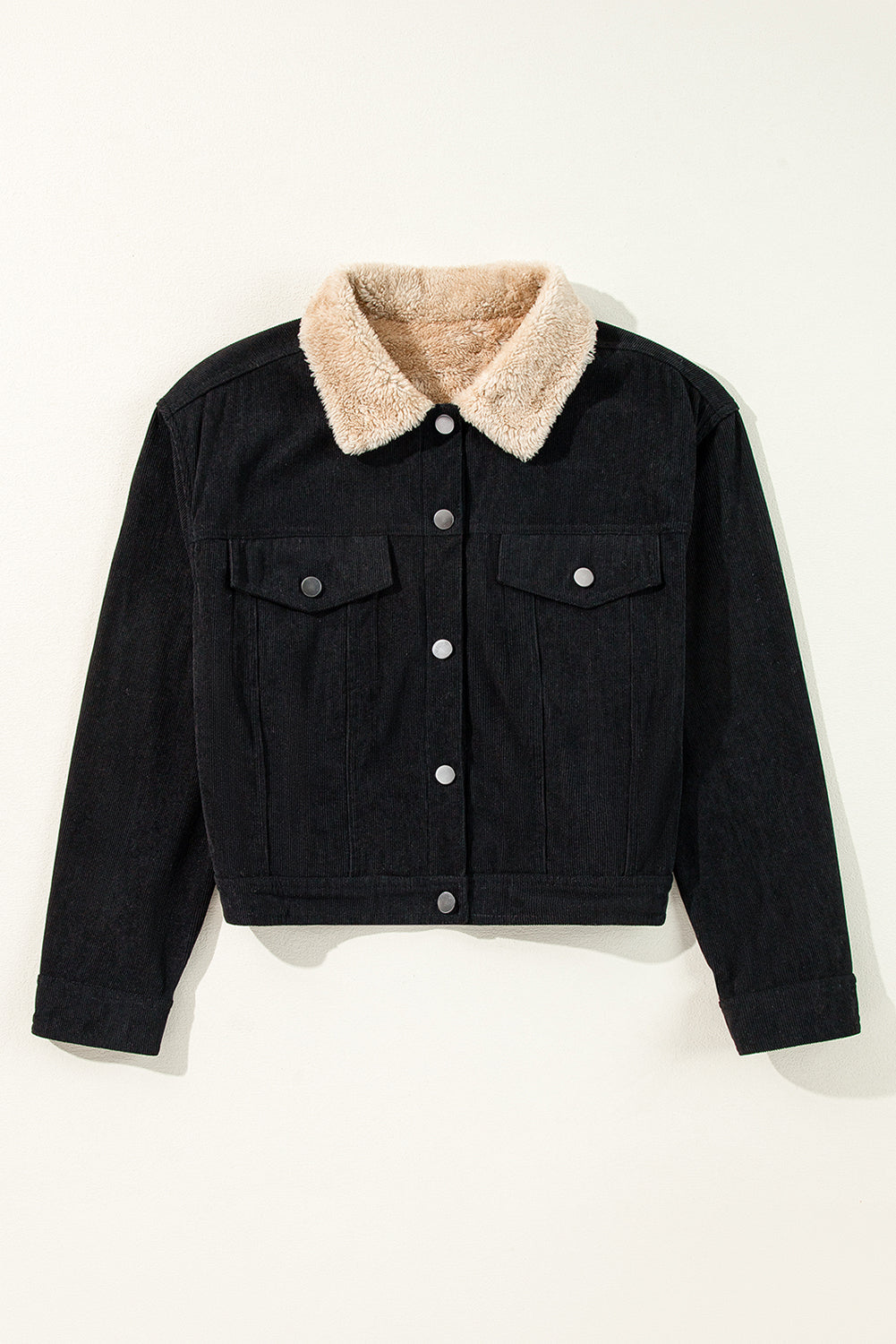 Black Fleece Lined Button-up Collared Corduroy Crop Jacket eAura