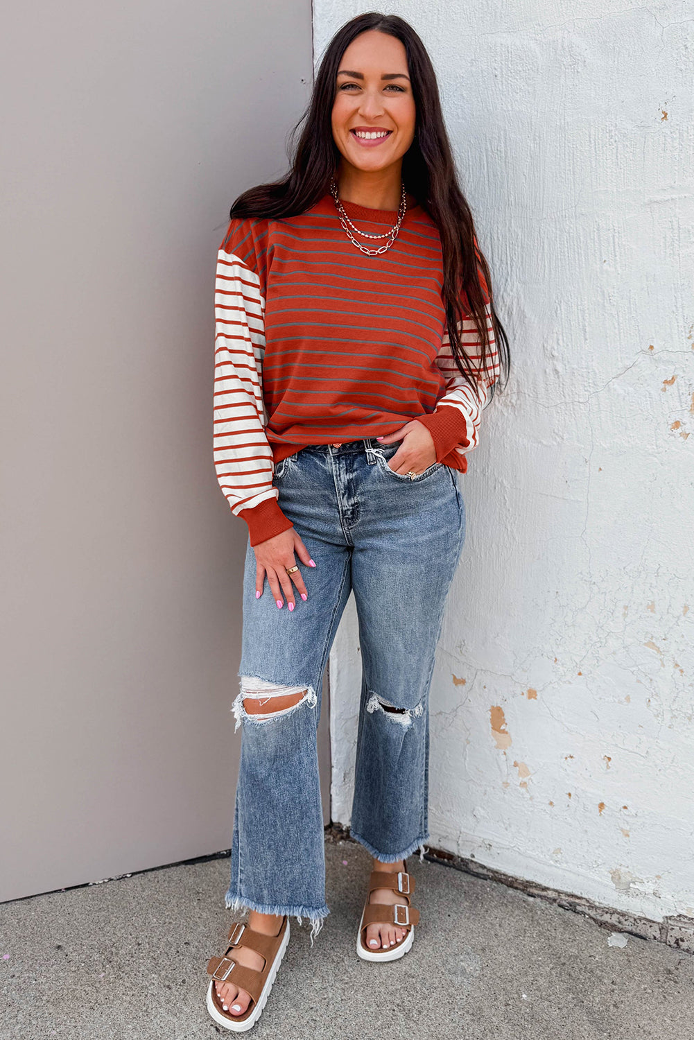 Orange Stripe Contrast Sleeve Patchwork Drop Shoulder Long Sleeve Sweatshirt - eAura