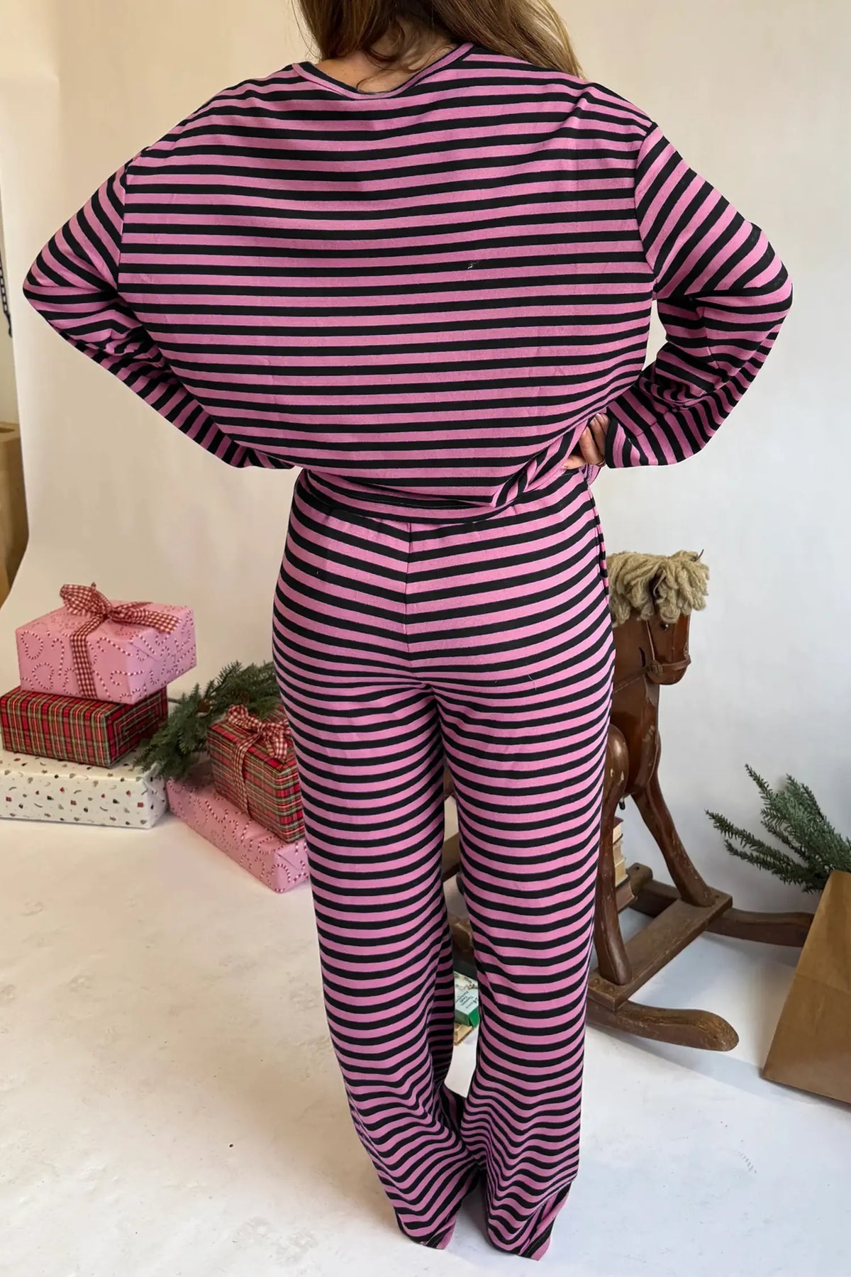 Casual Long Sleeve Top Drawstring Pant Set – Pink Stripe